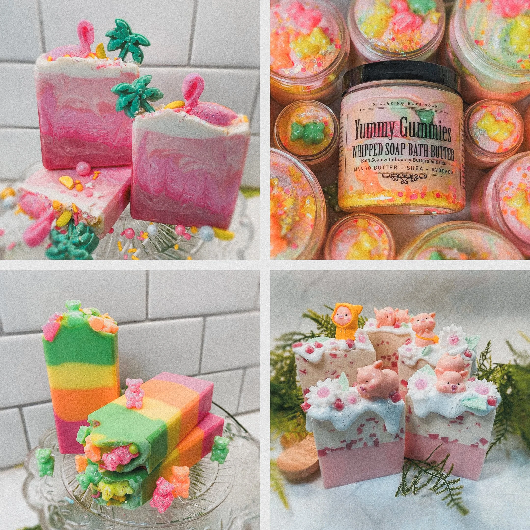 Assorted colorful soap bars and bath products featuring pink, green, yellow, and orange hues, with decorative elements like small pig and bear figurines, and bath bombs.