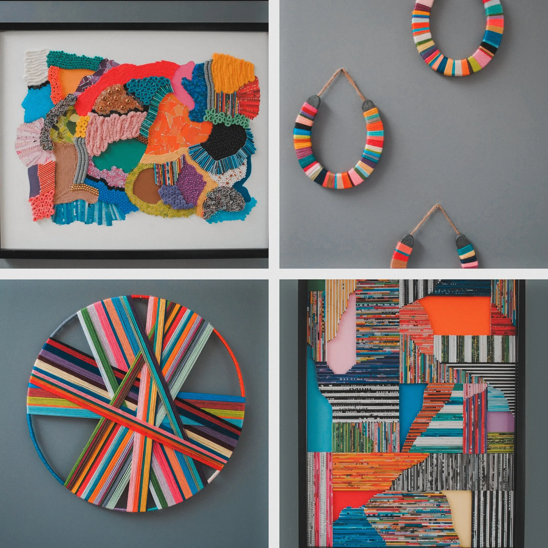 Collage of four textile and fiber art pieces featuring colorful, woven, and stitched designs.