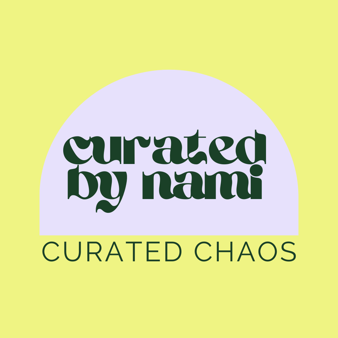Logo with purple arch on yellow background, green stylized text 'curated by nami', and black text 'CURATED CHAOS' underneath.