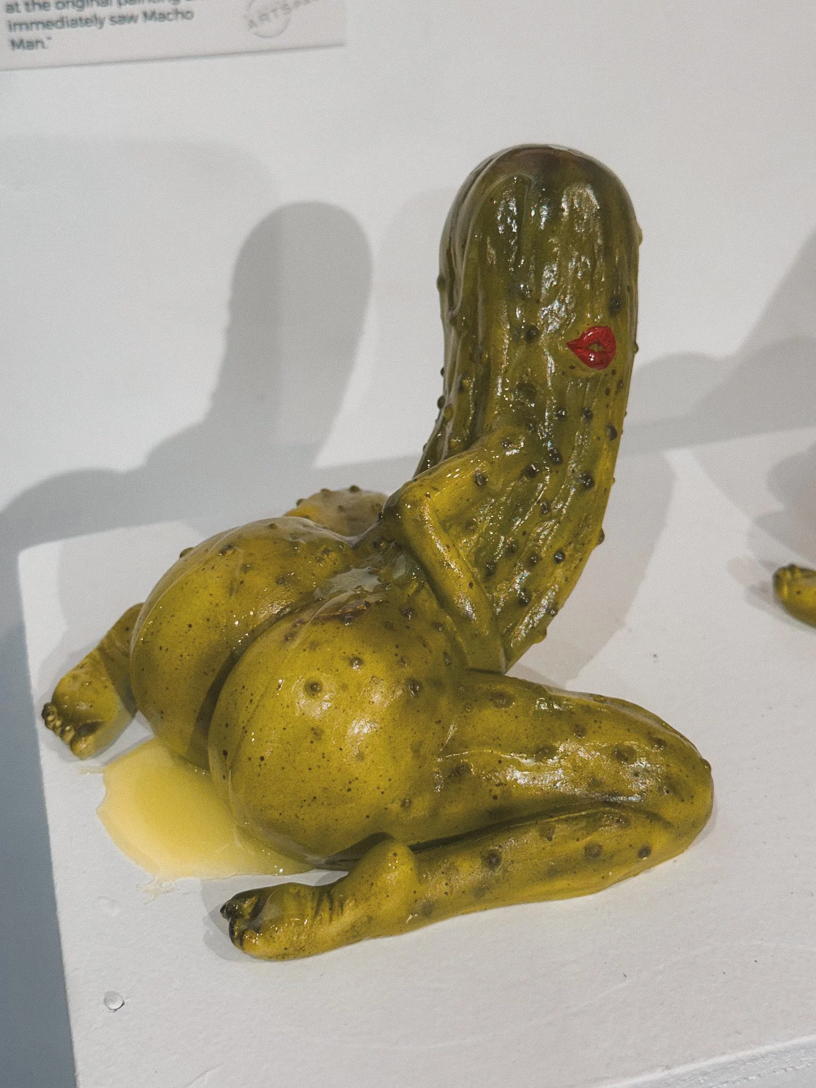 Funky resin figure featuring a derpy pickle creature in a shot glass, quirky art piece for collectors, bar carts, or conversation starters.