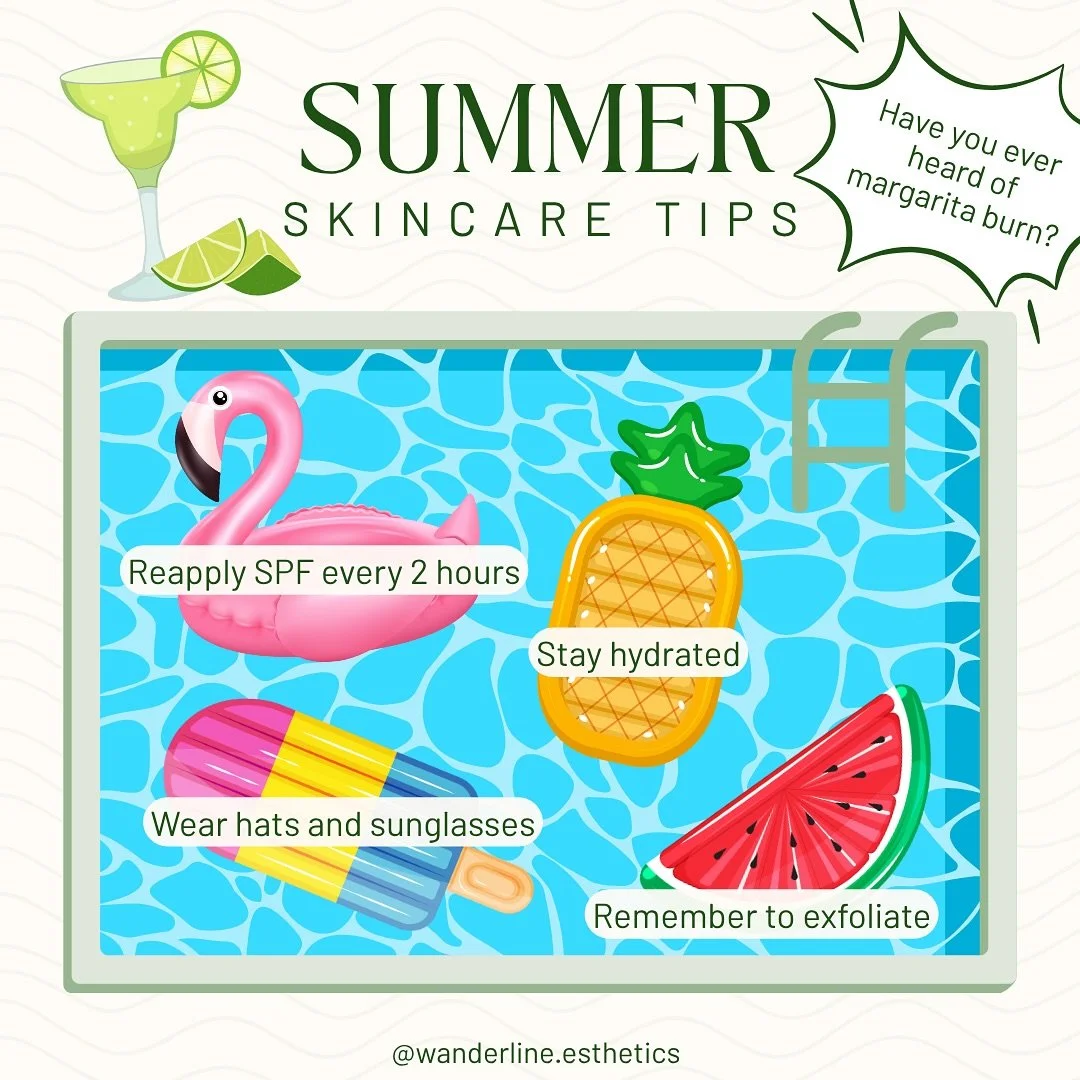 ☀️SUMMER SKINCARE TIPS 🍉🕶

Pool floats and popsicles aren&rsquo;t the only summer essentials&mdash;your skin needs some TLC too! Here are some sunny-season musts to keep your skin glowing and protected:

🌞 Reapply SPF every 2 hours (yes, every 2!)