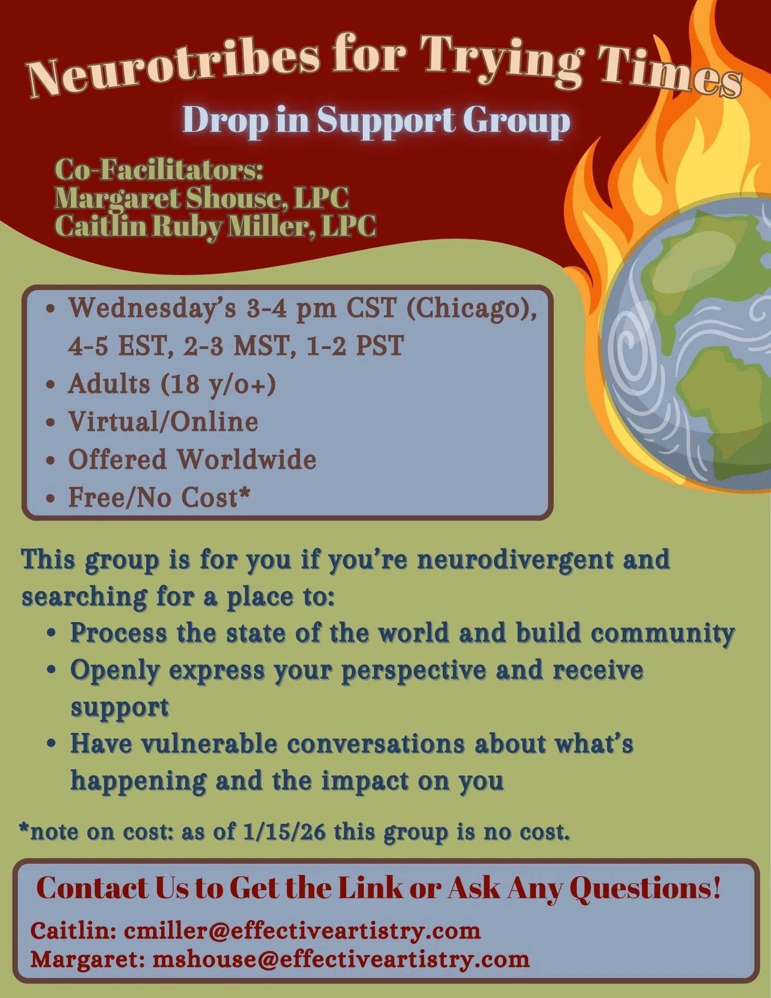 Announcing Neurotribes for Trying Times! Wednesday&rsquo;s 3-4 pm CST (Chicago), 4-5 EST, 2-3 MST, 1-2 PST
Adults (18 y/o+)
Virtual/Online
Offered Worldwide
Free/No Cost* this group is for you if you&rsquo;re neurodivergent and searching for a place 