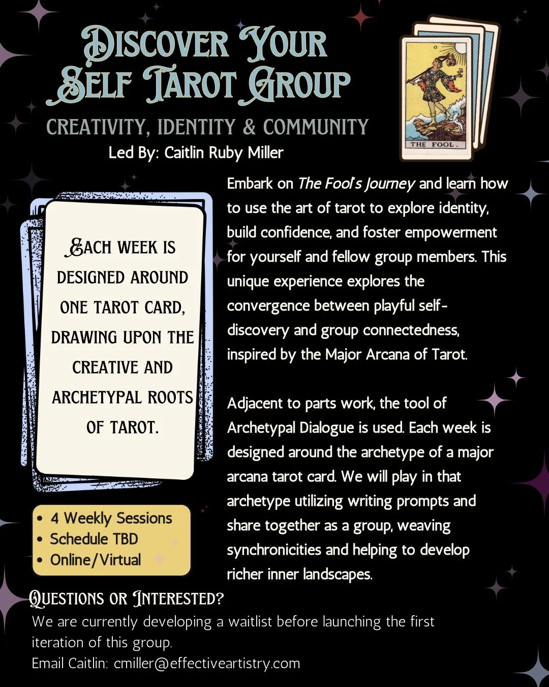 Flyer for a free weekly self tarot group led by Caitlin Ruby Miller and Olivia Candocia, focusing on identity, confidence, and empowerment, with online sessions open worldwide and free first launch.