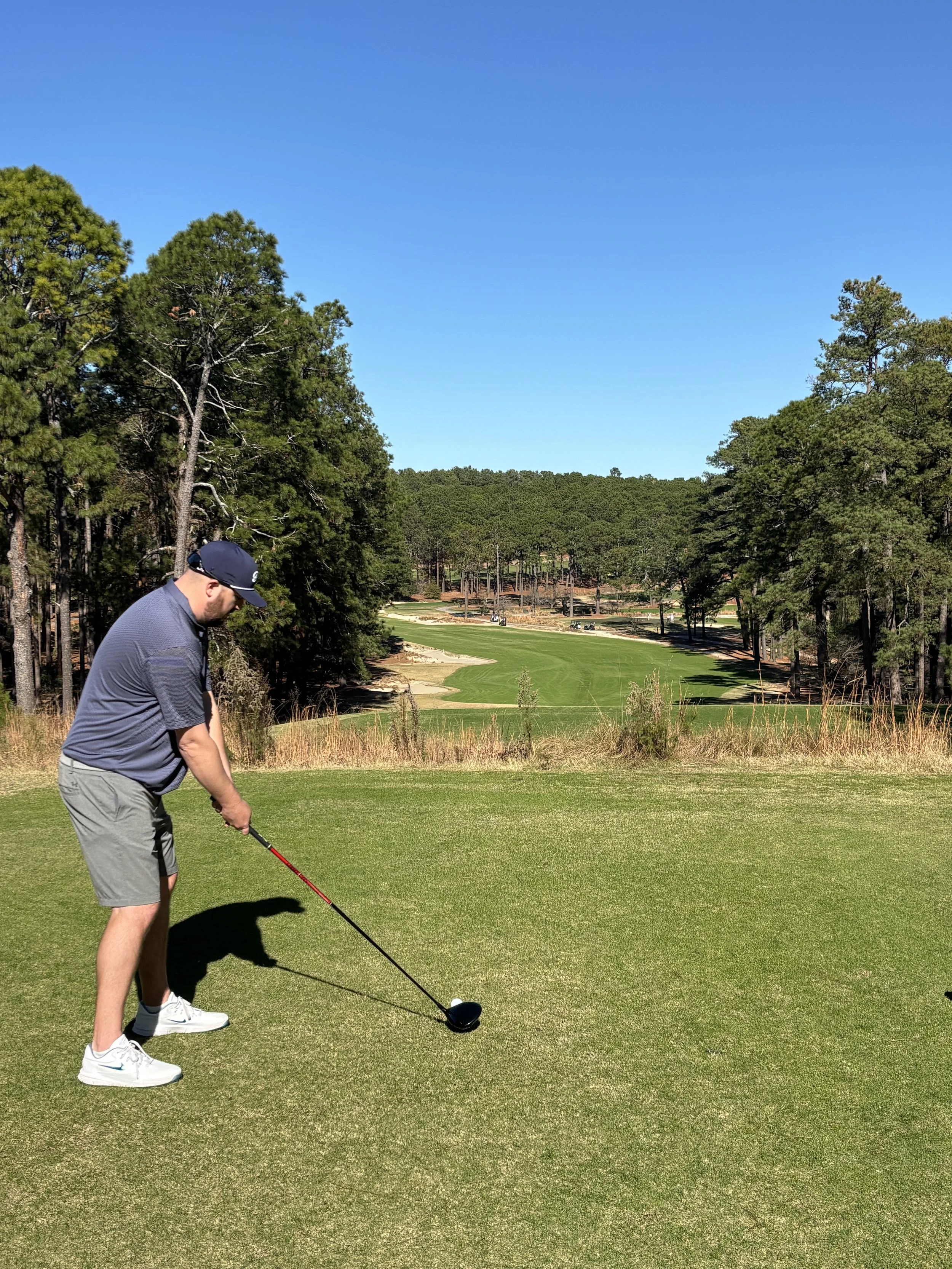 A man in a gray shirt, gray shorts, white shoes, and a blue cap preparing to tee off on a golf course with a driver club, surrounded by trees, green grass, and a blue sky.