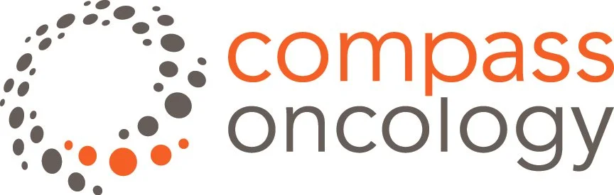 Logo for Compass Oncology featuring a circular dotted design and the words 'compass oncology' in orange and gray text.