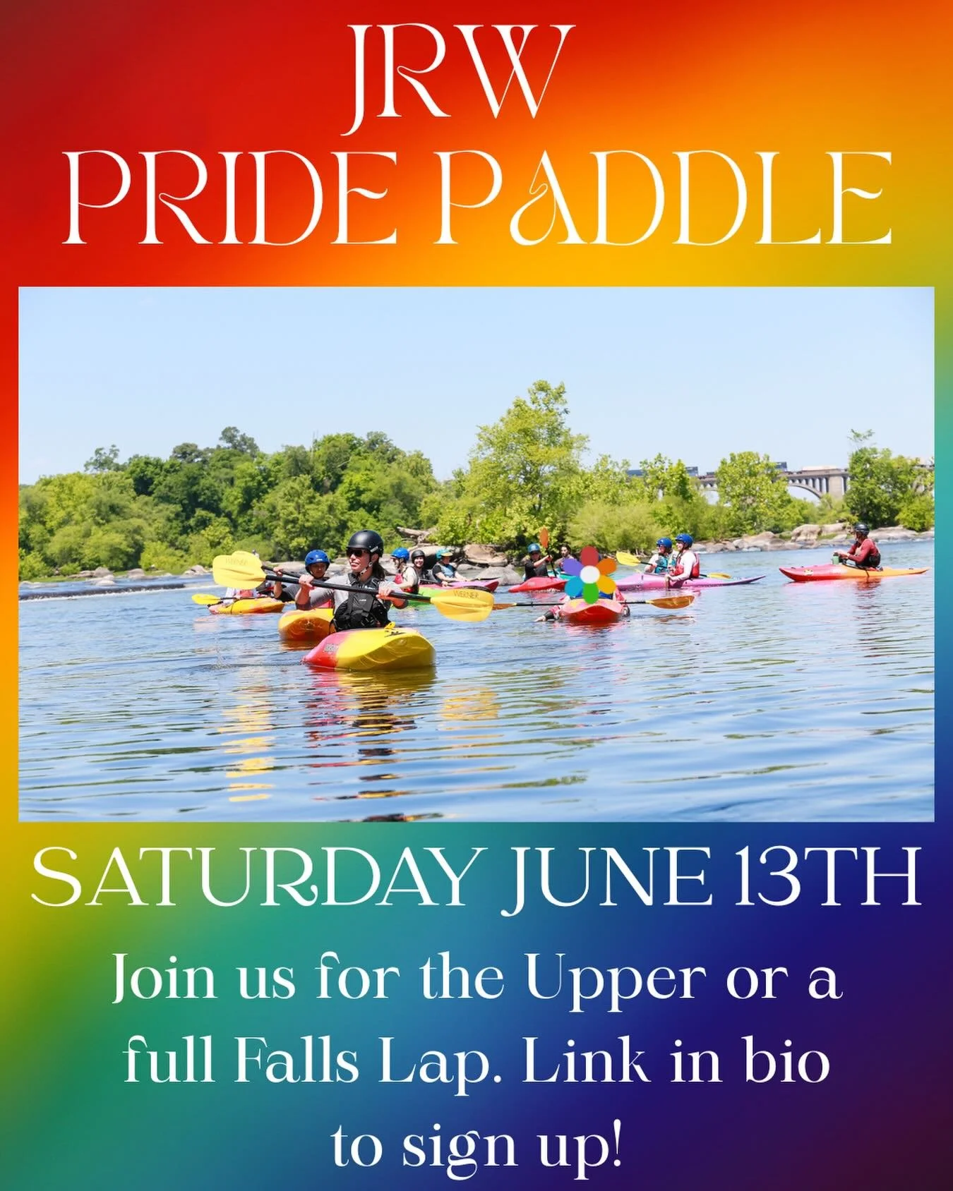 🌈 Pride Paddle, Saturday, June 13th! 
Time: 10 am
Meet up: 14th if you are doing the full Falls lap, reedy creek if you are joining for the upper portion 
Everyone will go up to Pony Pasture to start the lap. 
🍹 &amp; 🍲 meet up at 2 pm after if yo