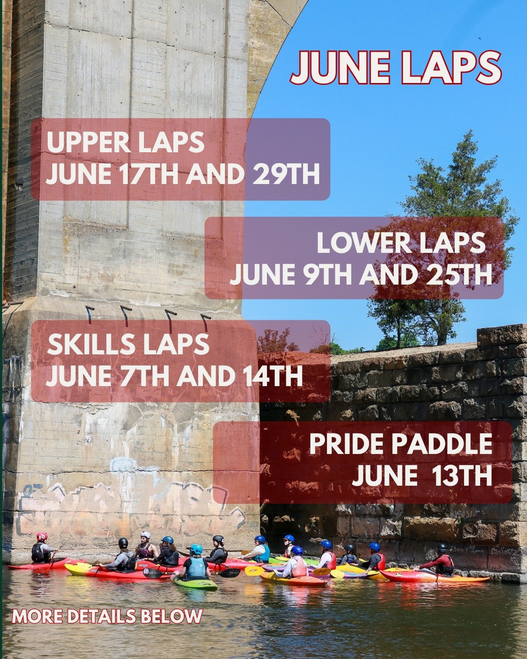 There are lots of opportunities to get out on the river with us this month! 
🛶To attend one of our weekly evening laps, fill out the participation form to let us know you plan on coming and meet us at the takeout at 5:30pm. Upper laps meet at Reedy 