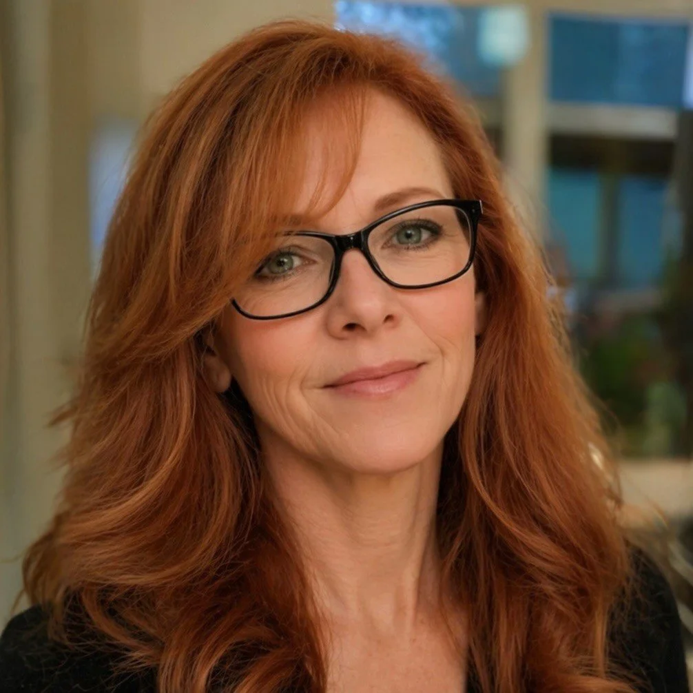 Red haired woman wearing glasses standing in a room with a blurred background