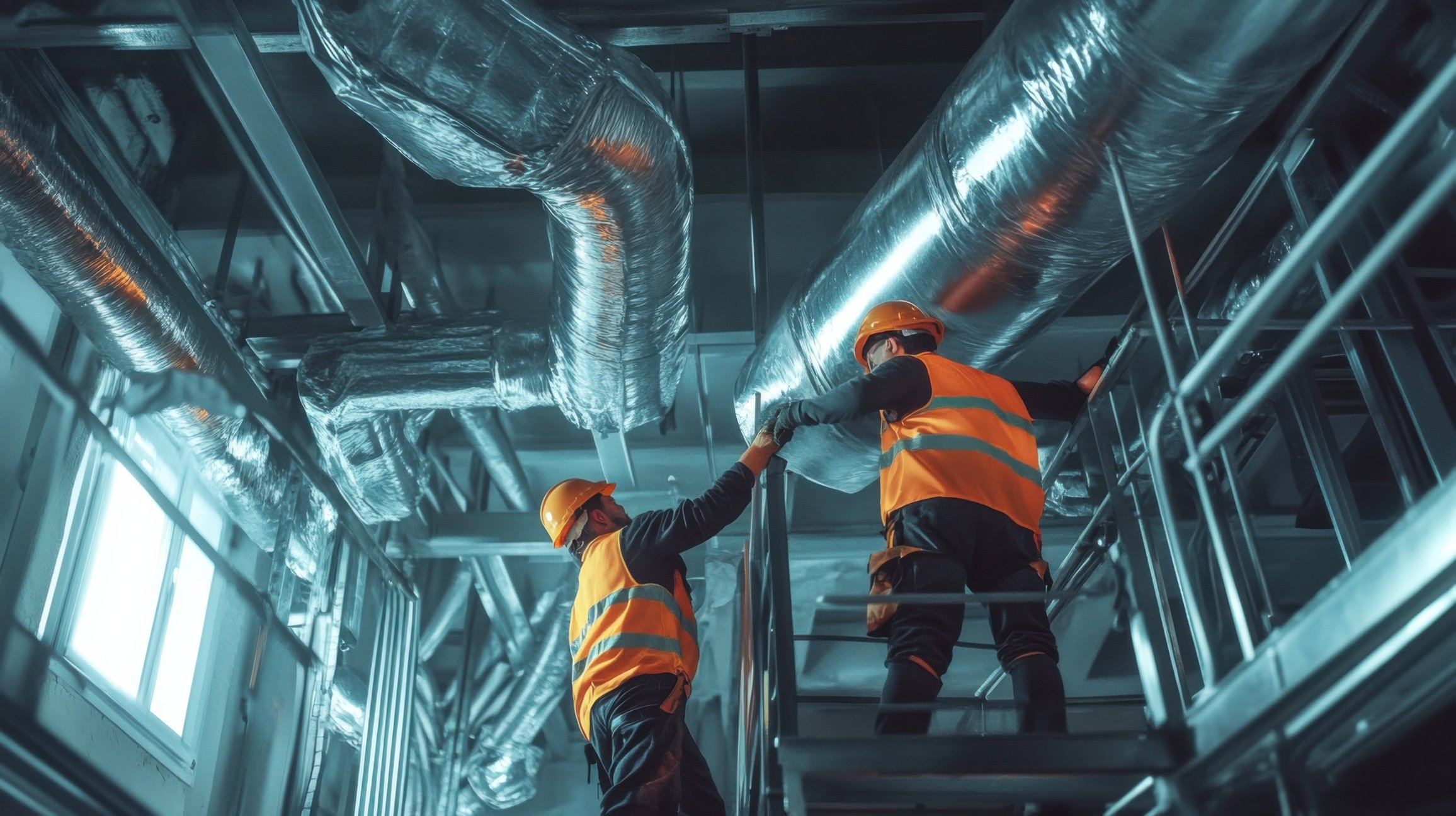 HVAC installation team working on ductwork at a commercial site in Perth.