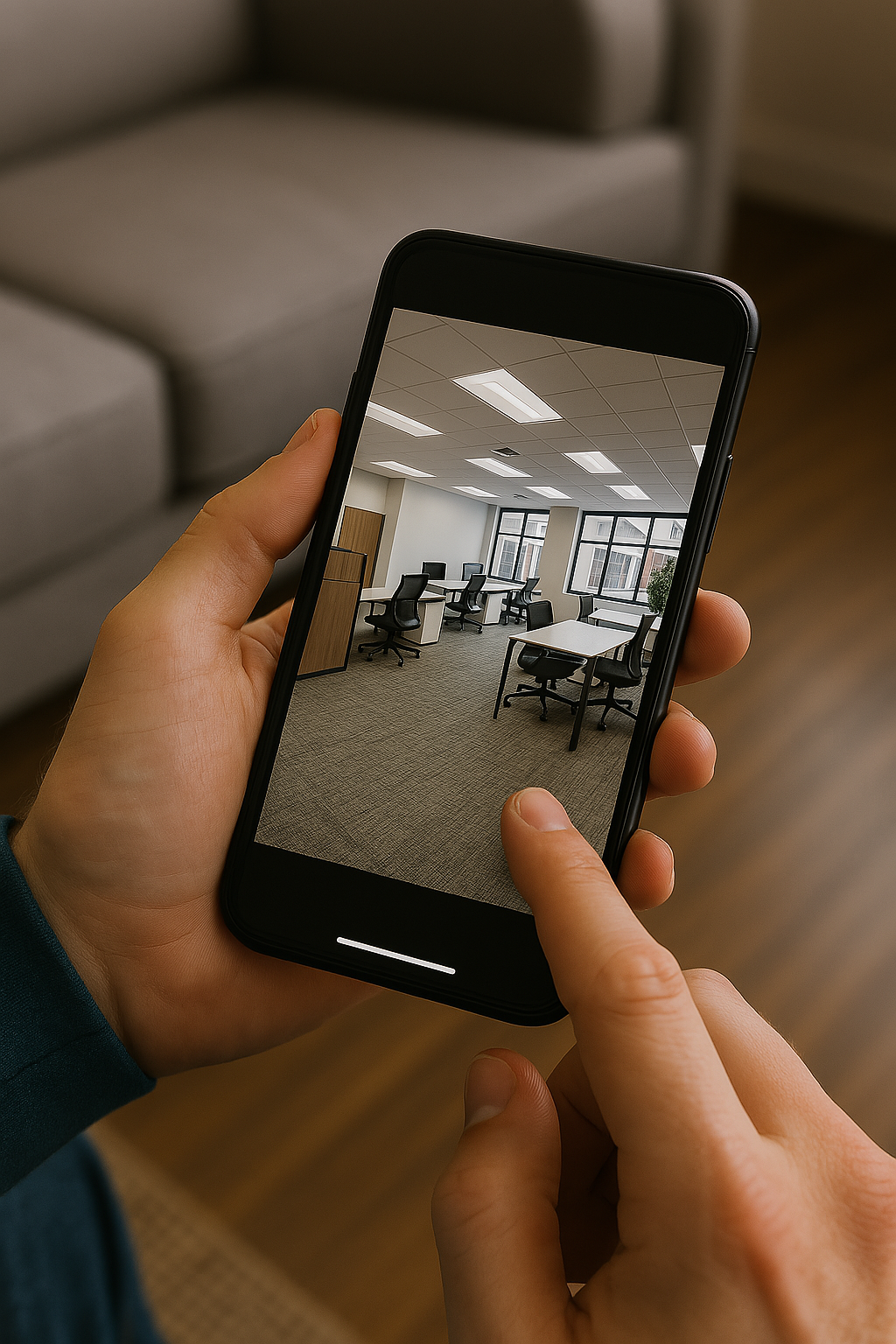Person taking a photo of a modern, empty office with multiple desks and chairs, through a smartphone.