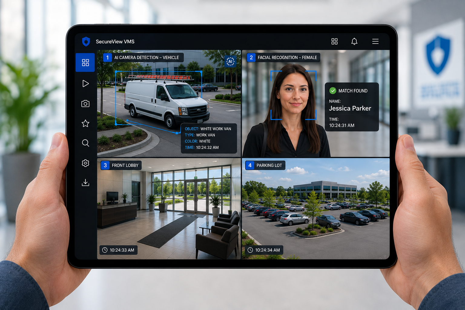 Commercial video management system showing multiple security camera views