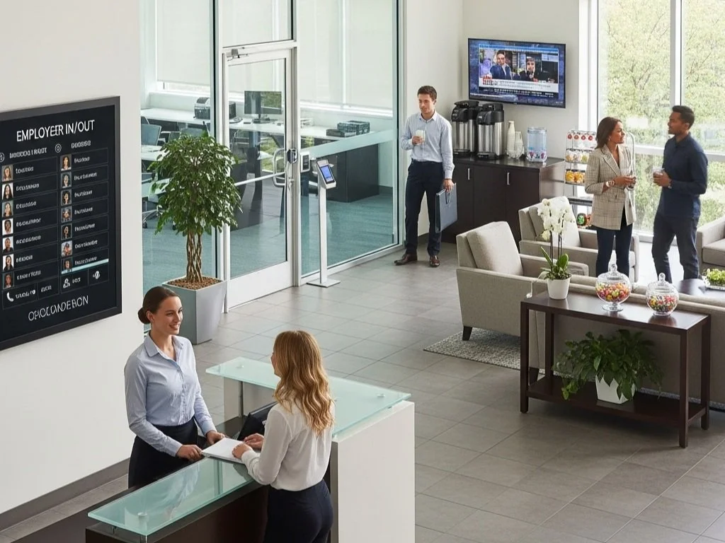 Modern office reception with digital visitor information display