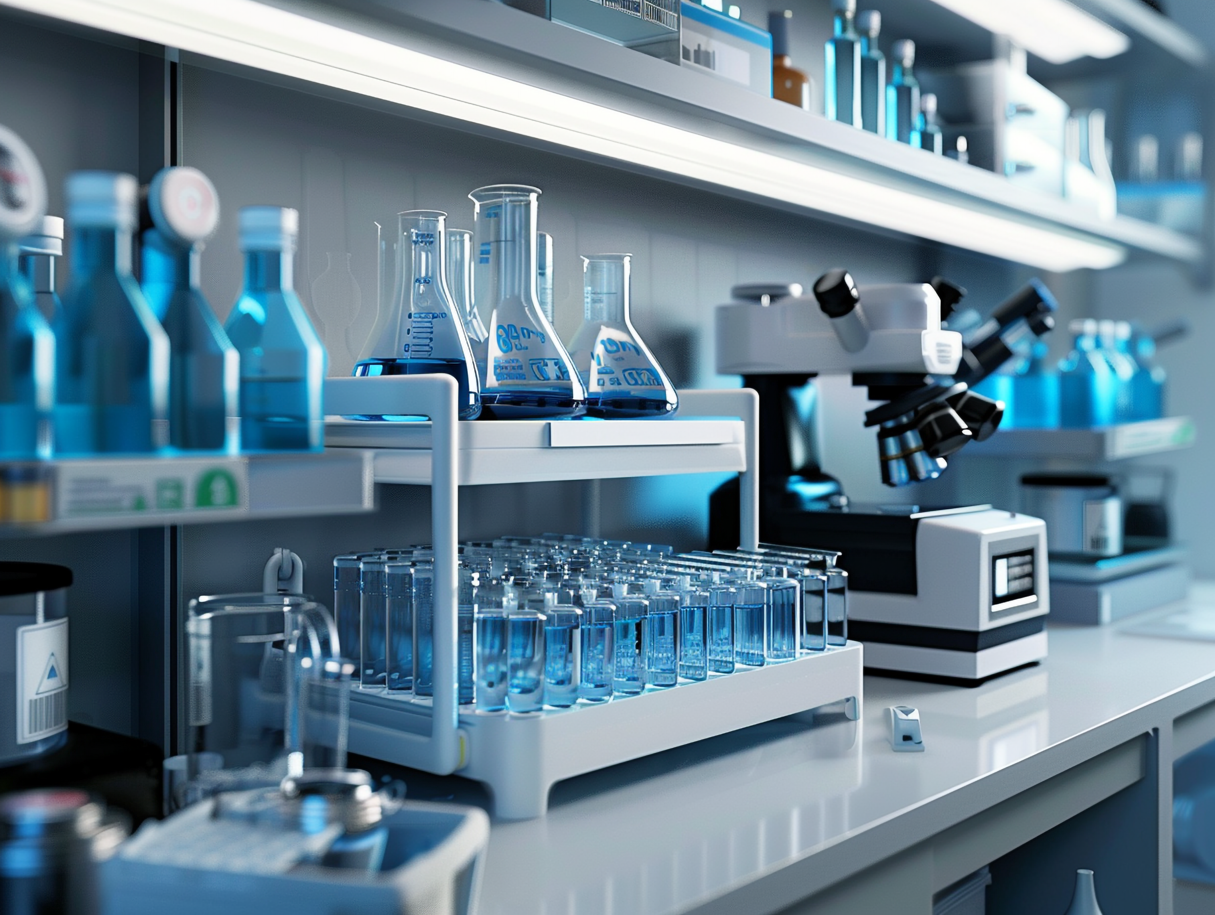 Laboratory bench with glass test tubes and beakers filled with blue liquid, a white microscope, and various lab equipment in a science lab.