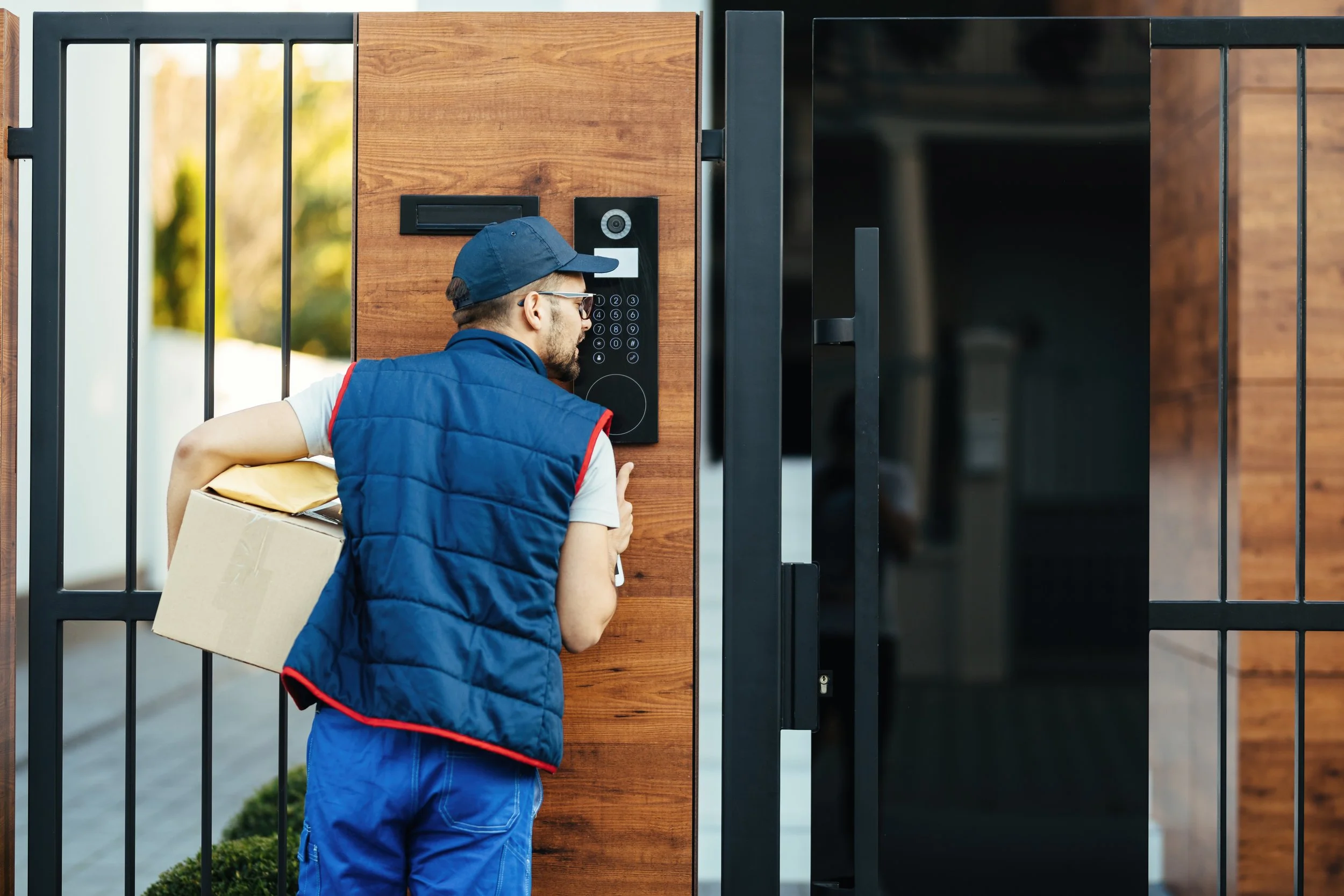 Delivery person using an intercom at the gate while holding a package.