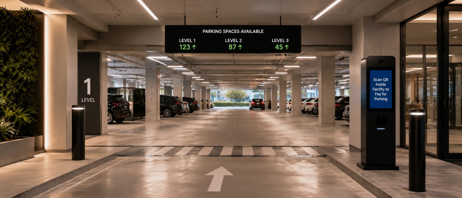 Smart parking system with LPR, QR code, EV charging, digital display