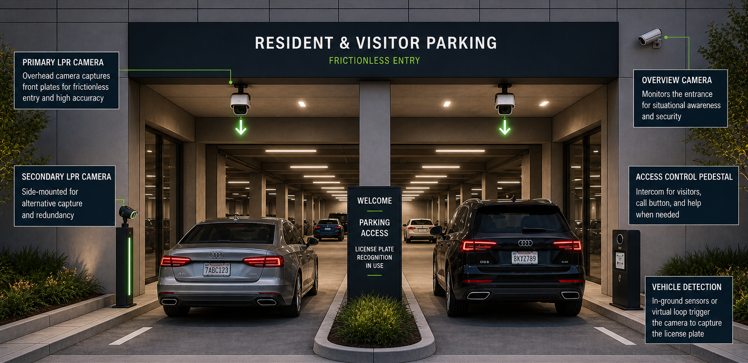 Smart parking garage with license plate recognition