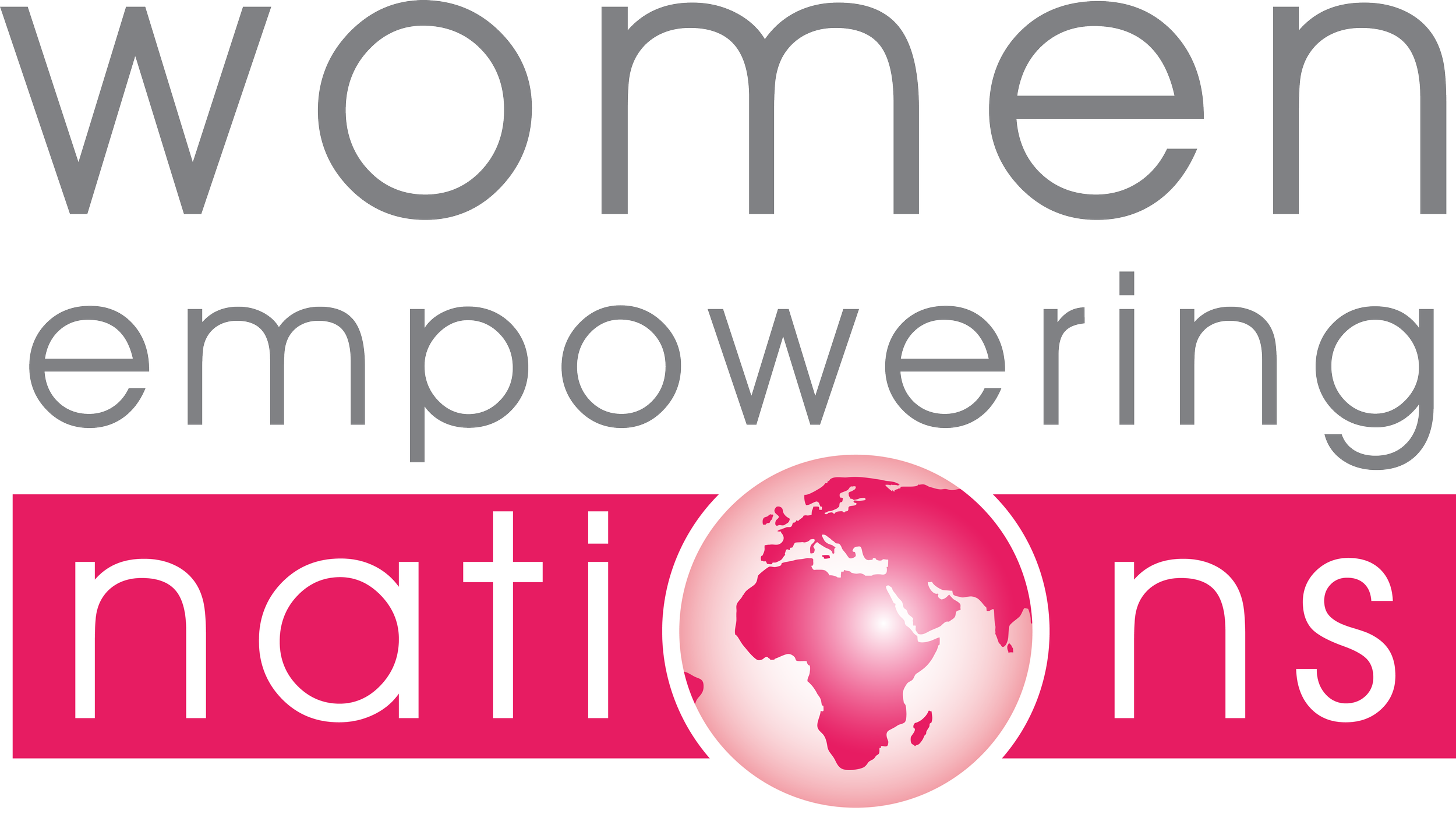 Logo with the words 'women empowering nations' and a pink globe of the world in the center.