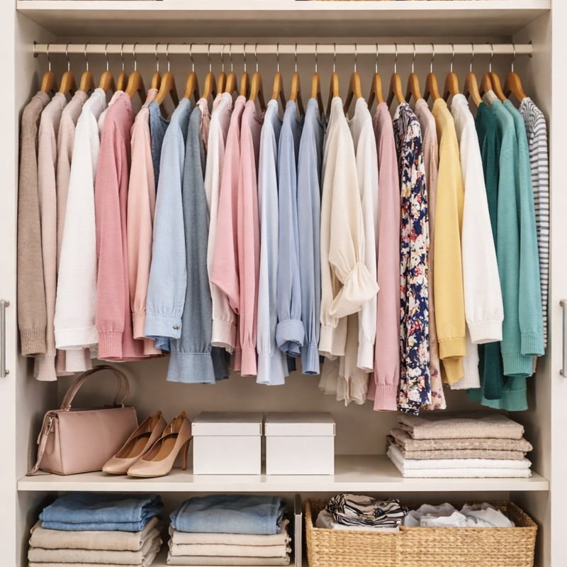 Neatly organized closet with pastel and floral shirts, a beige purse, beige shoes, white boxes, and folded towels and clothes. Colour analysis. Auckland. Wanaka