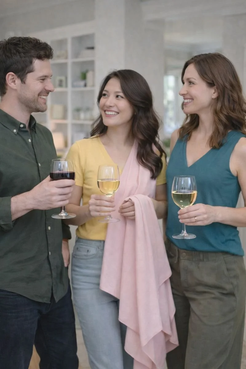 Three friends at a social gathering holding glasses of wine, conversing and smiling in a modern indoor setting. Colour analysis. Auckland. Wanaka