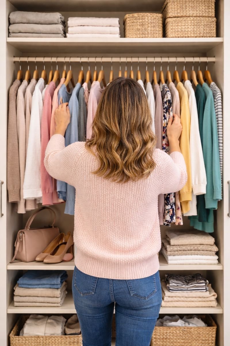 A woman with wavy brown hair wearing a pink sweater and blue jeans looks at hanging clothes in a closet, surrounded by folded towels and shoes on shelves.