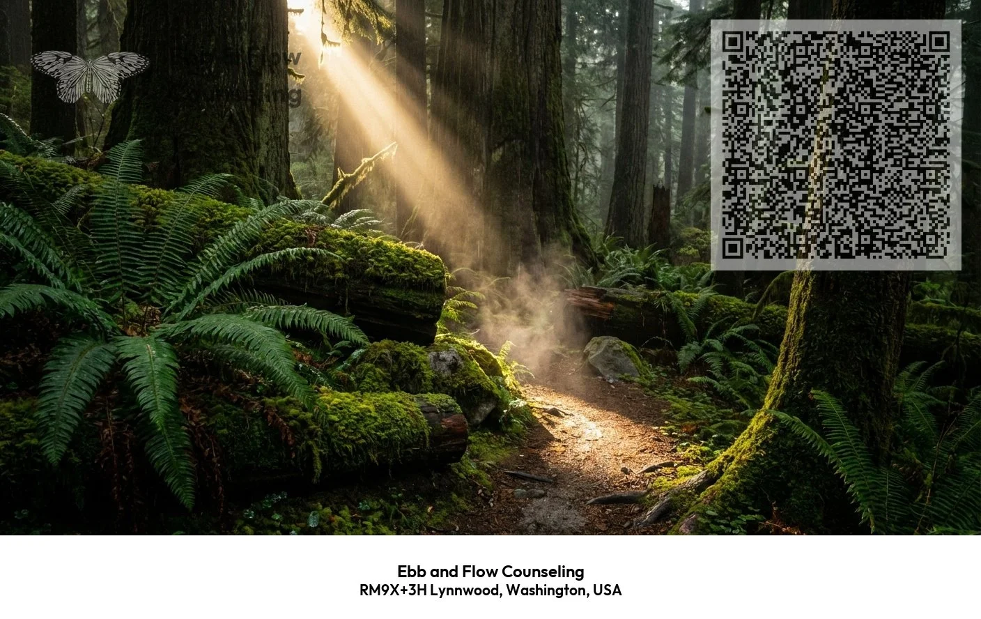 Sunlight filtering through trees in a lush green forest with moss-covered logs and ferns, with a QR code in the upper right corner and a butterfly in the upper left corner.