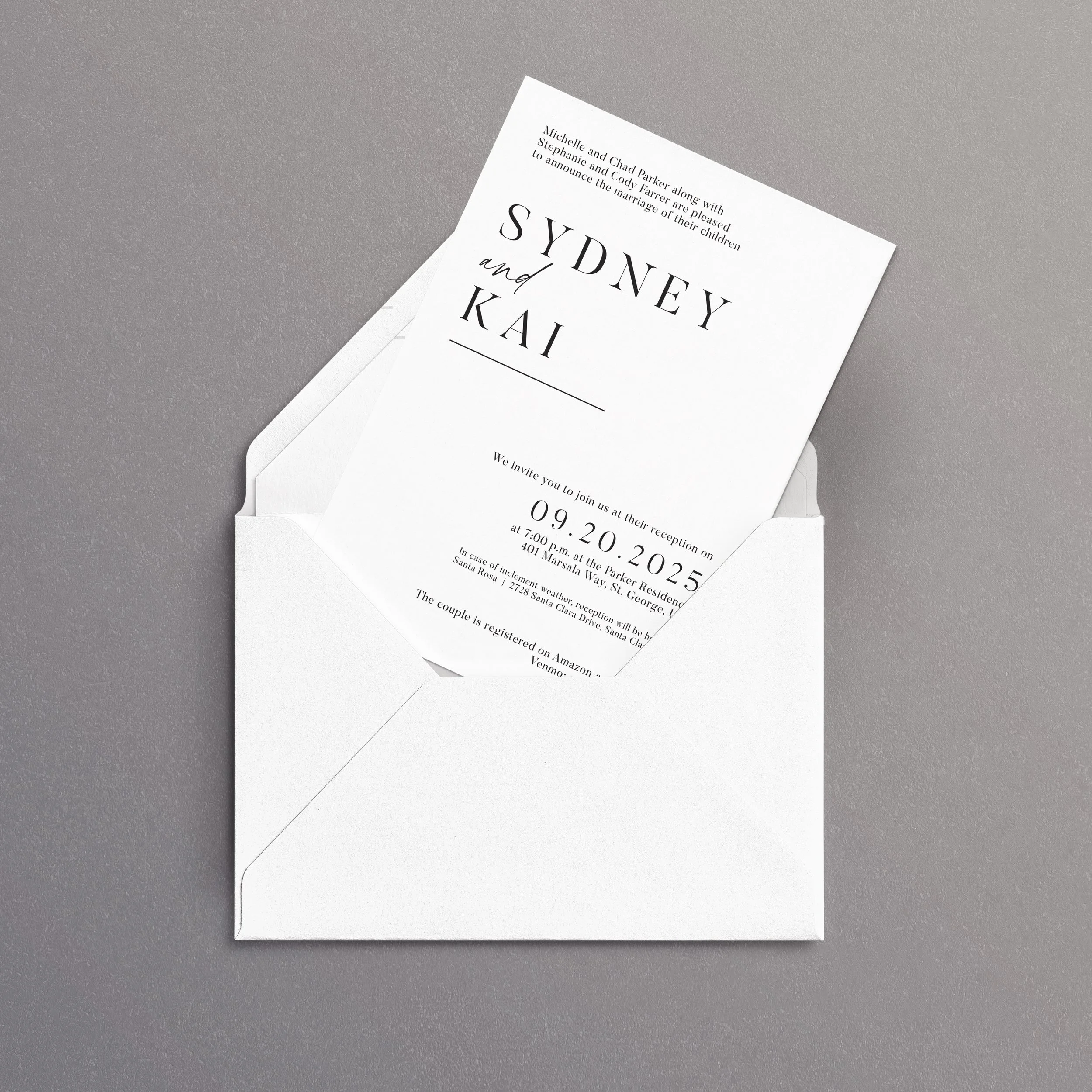 Standard wedding invitation with envelope