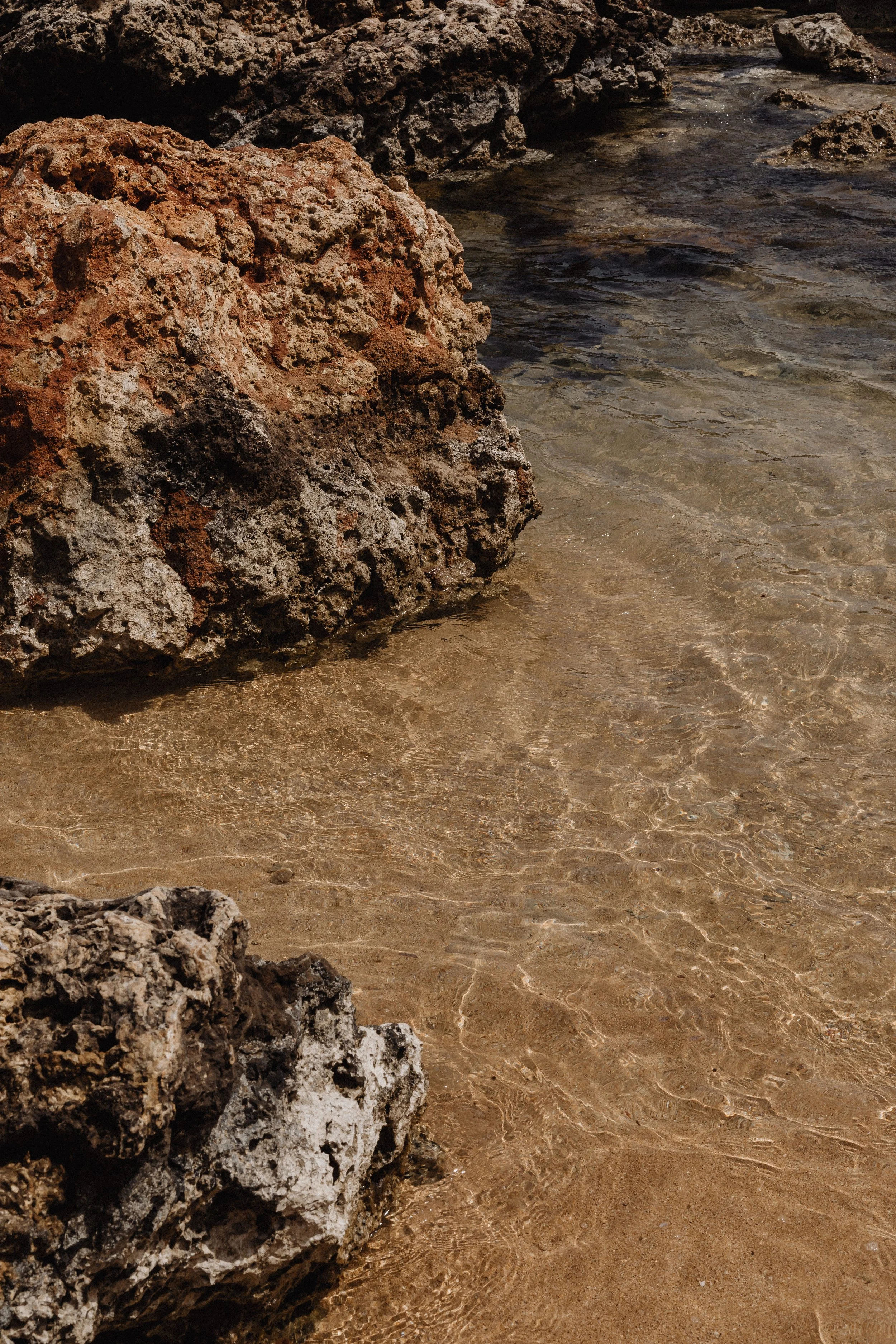 Close-up of rocks on a sandy beach with clear water.