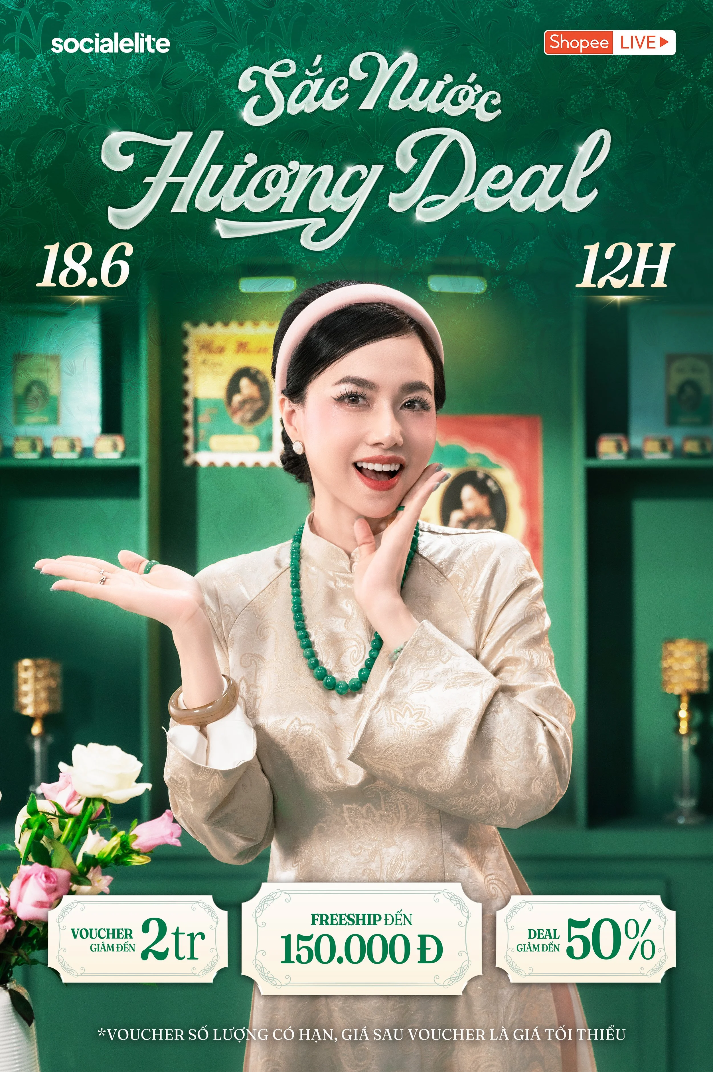 Promotional poster for a Vietnamese New Year deal with a woman in traditional dress smiling, surrounded by green background, showcasing a voucher, free ship, and discount offers