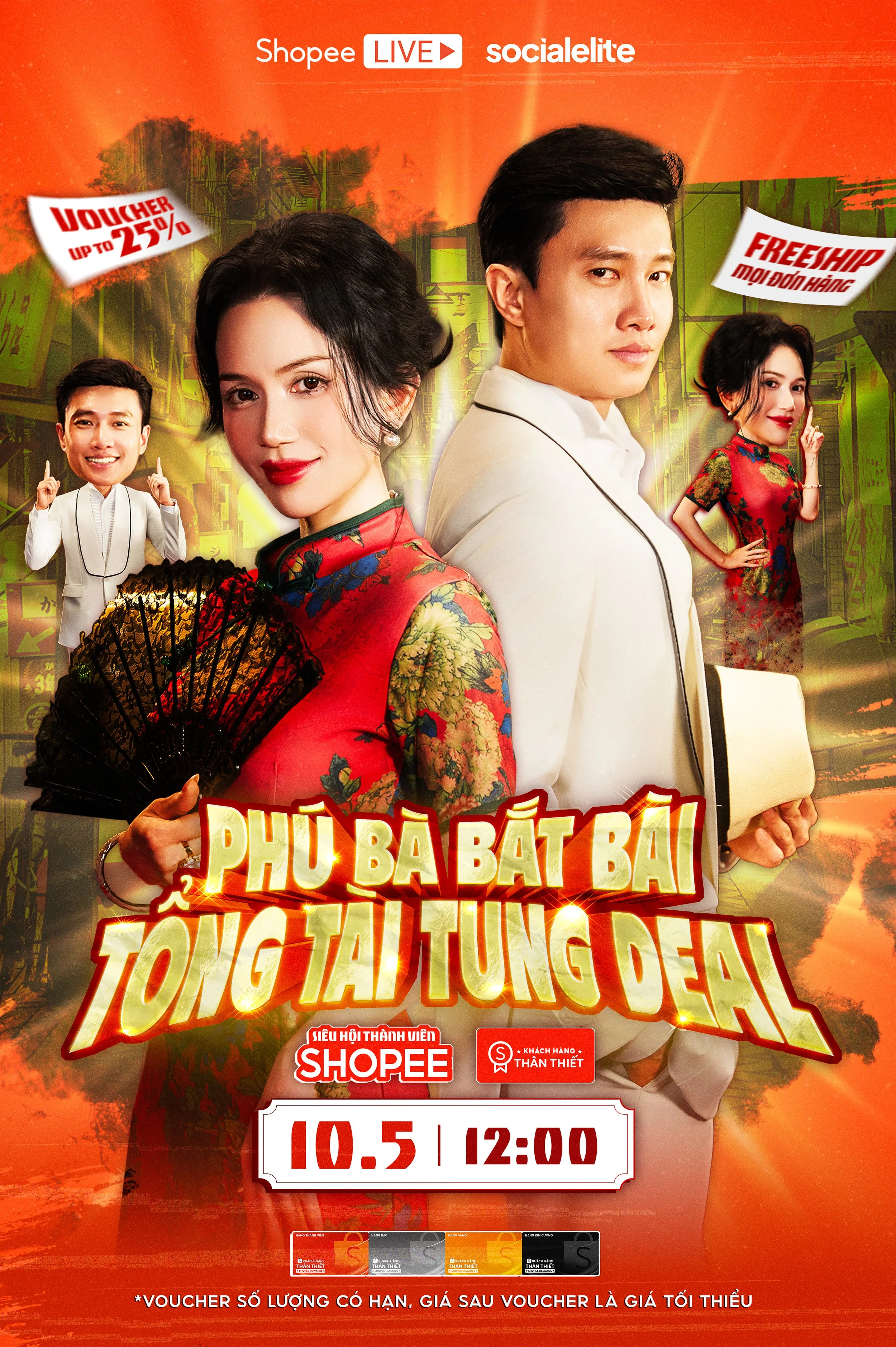 Promotional poster for a live event on Shopee, featuring two main characters in traditional Vietnamese attire with additional characters in the background. The event is scheduled for October 5th at 12:00, with promotional offers like vouchers up to 25% and free shipping. The background has an orange and yellow theme with cityscape graphics.
