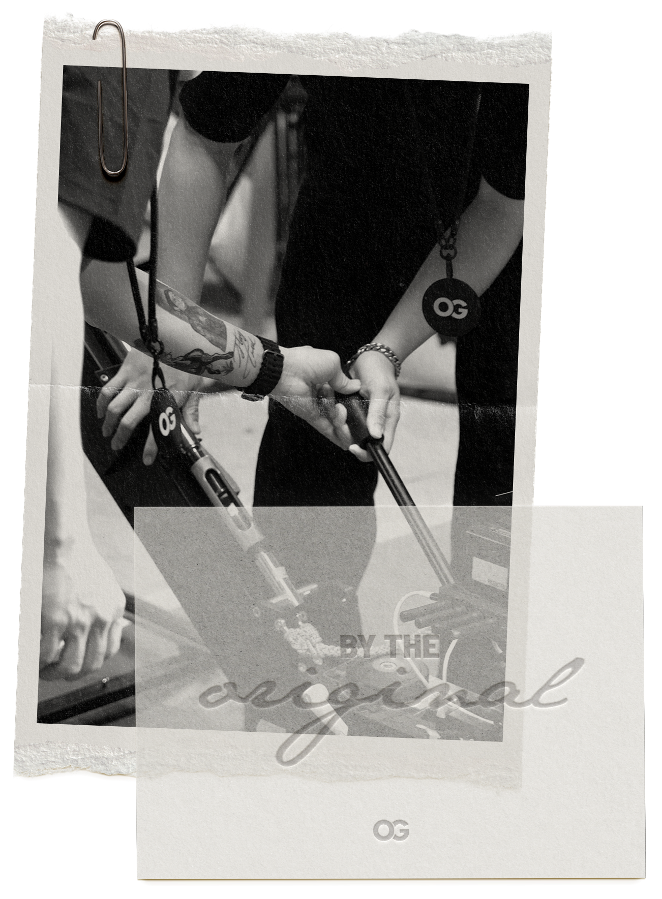 Two people holding a scooter, with one person's tattooed arm visible, and wearing pain relief bracelets. The photo is overlaid with a transparent graphic that says "BY THE original".