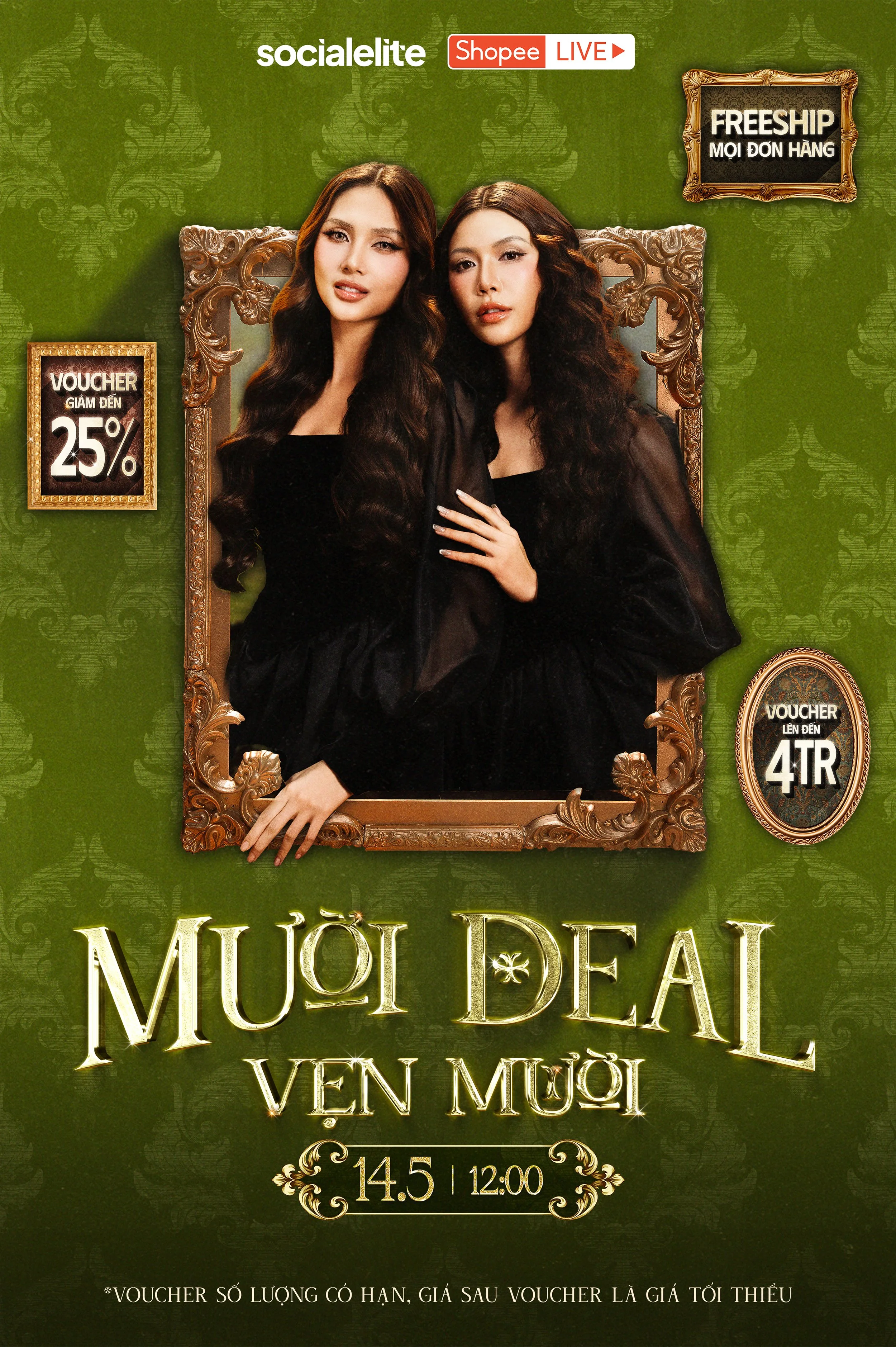 Promotional poster featuring two women with long, wavy hair wearing black dresses, framed in an ornate gold frame. The background is green with subtle floral patterns, and there are promotional tags about discounts and vouchers. The text in Vietnamese advertises a deal event on April 5th at 12:00 PM.