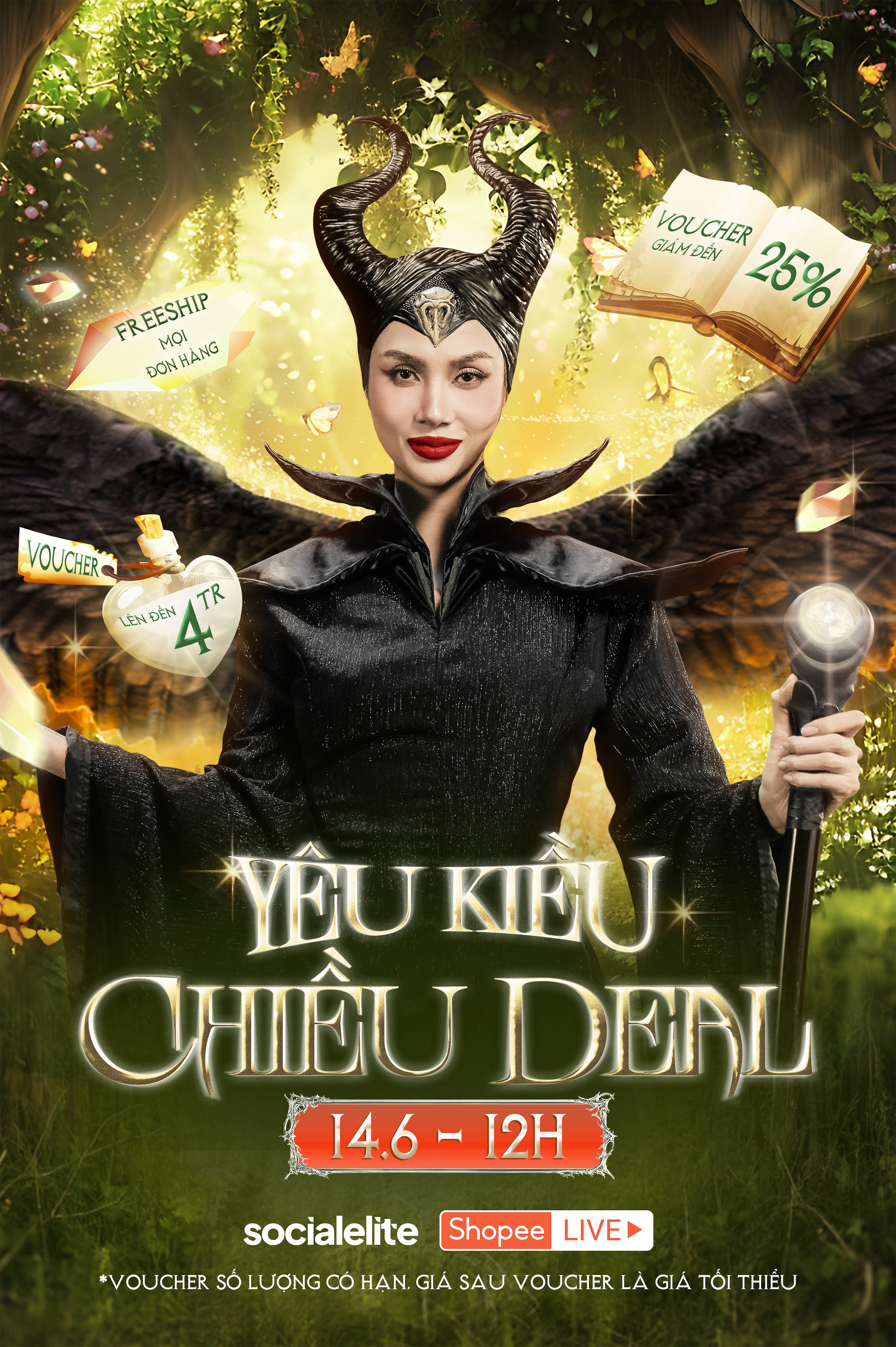 A woman dressed as a dark sorceress with horns, holding a staff with a glowing orb, standing in a mystical forest with glowing elements and floating vouchers.