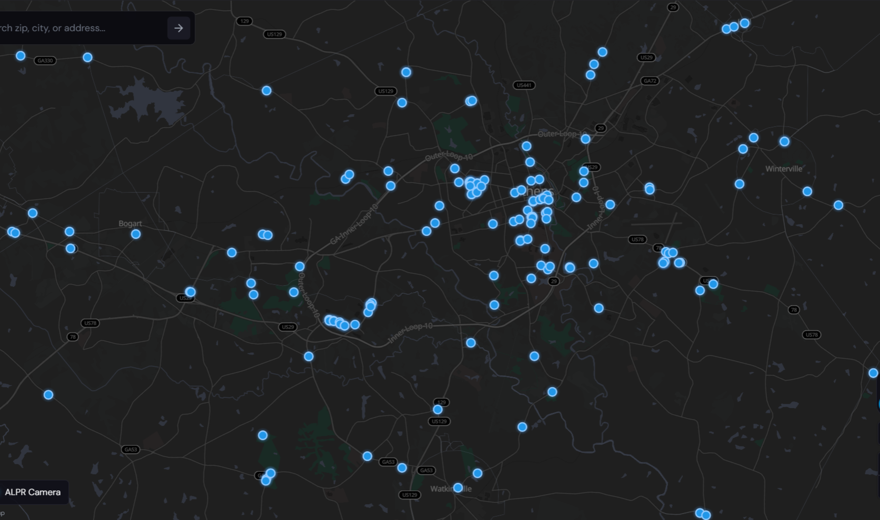 A map of the locations of Flock Cameras in Athens, Georgia