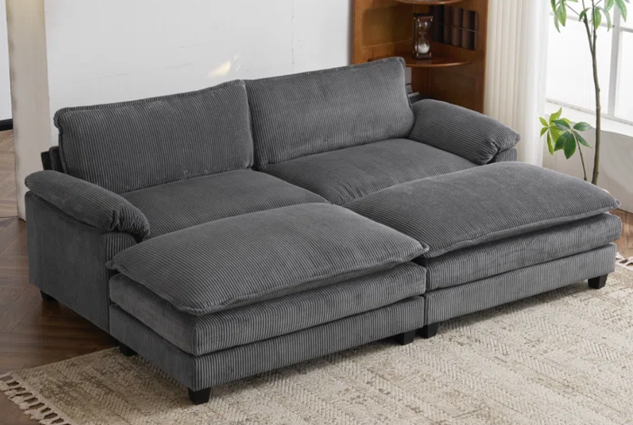 Grey Corduroy Couch with Double Ottomans