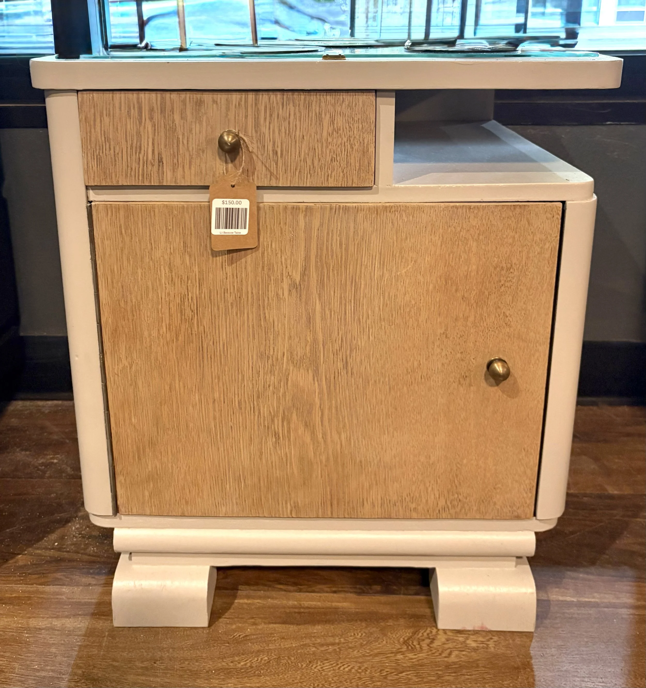 Vintage Light Gray and Natural Wood Bedside Table (2)