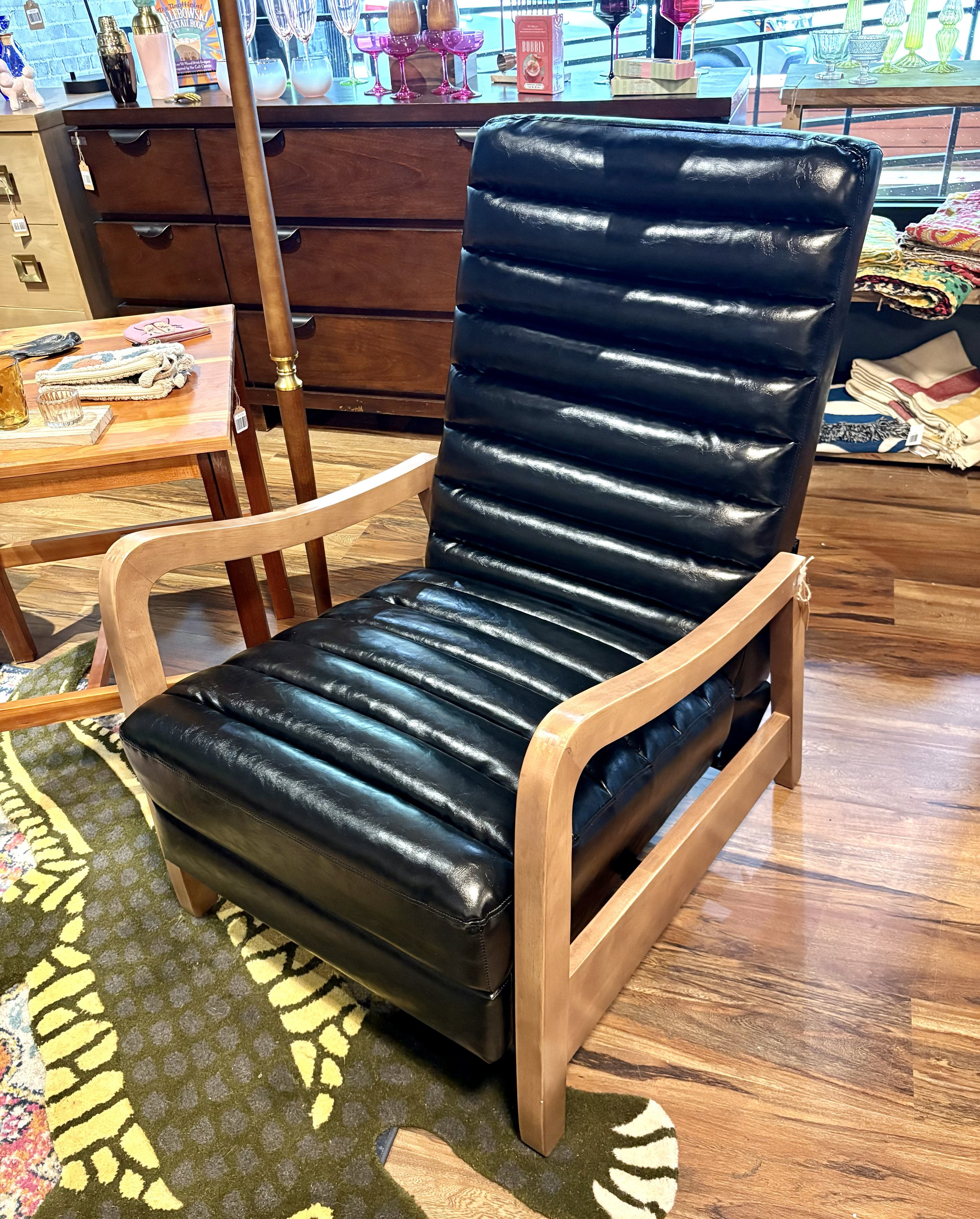 Black Leather Recliner w/ Wood Arms