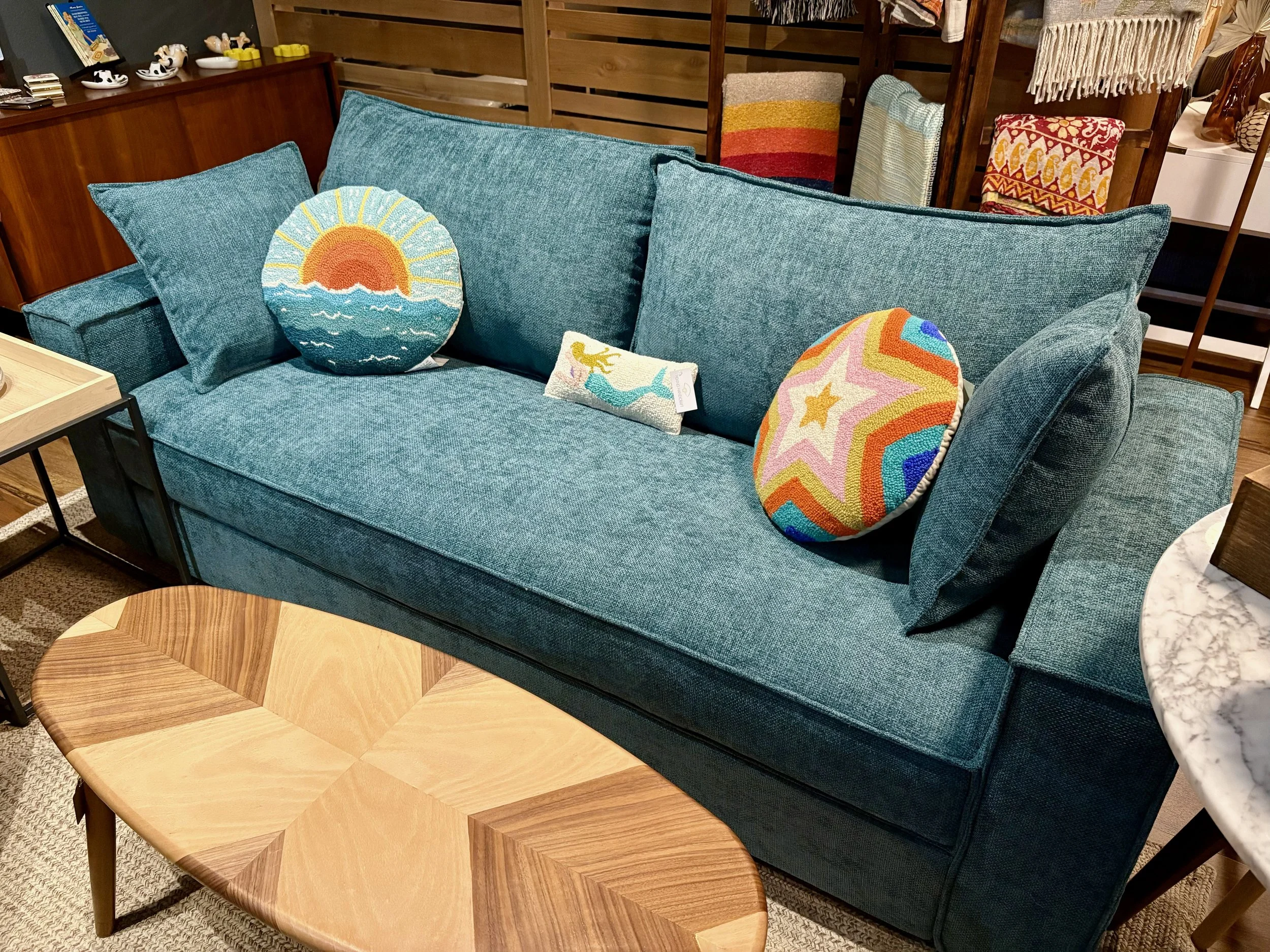 Teal Chenille Sofa with Pillows