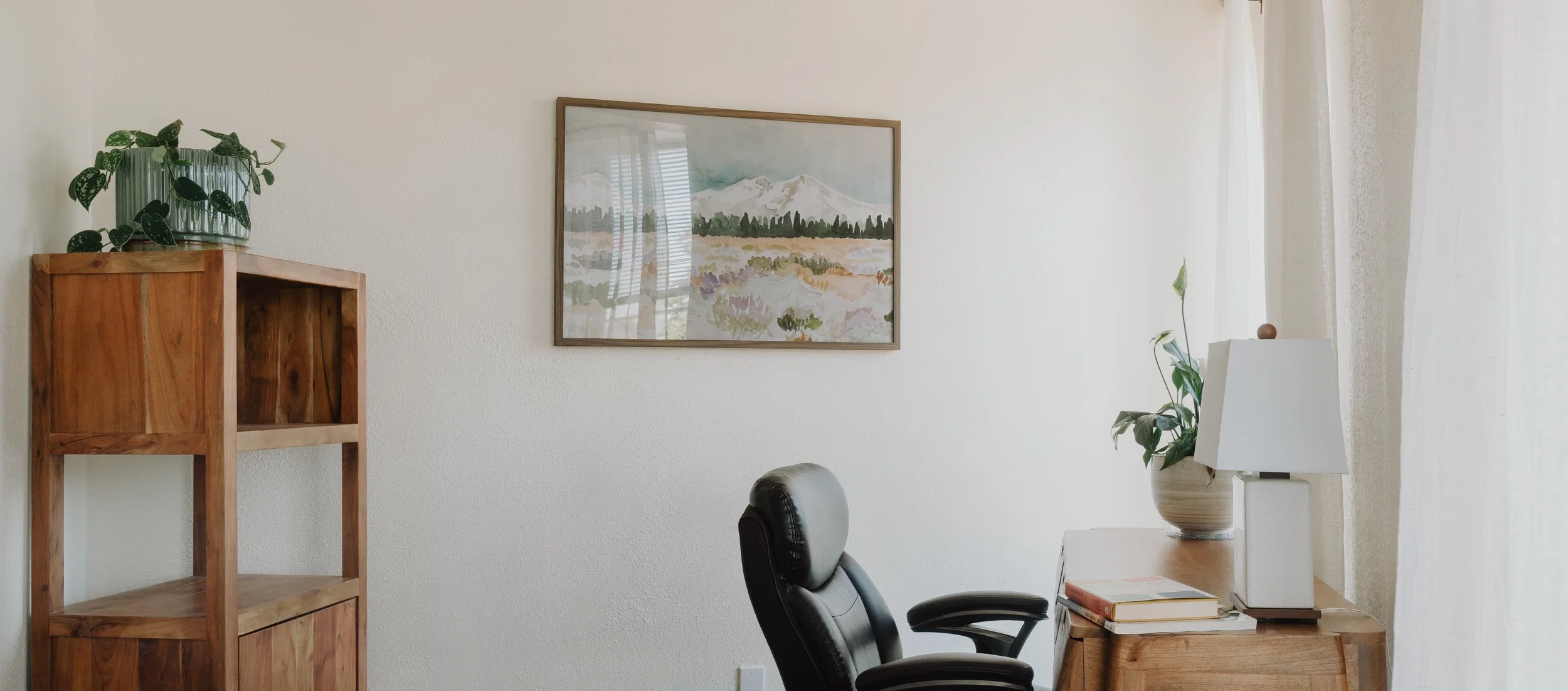 Picture of Office with computer chair, image with mountains in center, and shelf off to left
