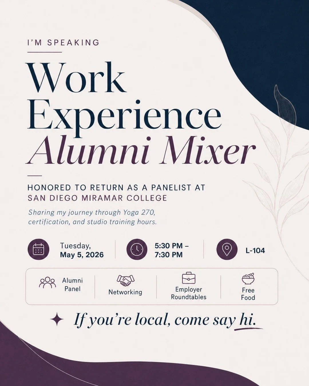 Honored to be speaking at the Work Experience Alumni Mixer at San Diego Miramar College this upcoming Tuesday, May 5 ✨

I&rsquo;m grateful to be returning as a panelist after previously speaking on their Entrepreneurship Journey Panel. This time, I&r