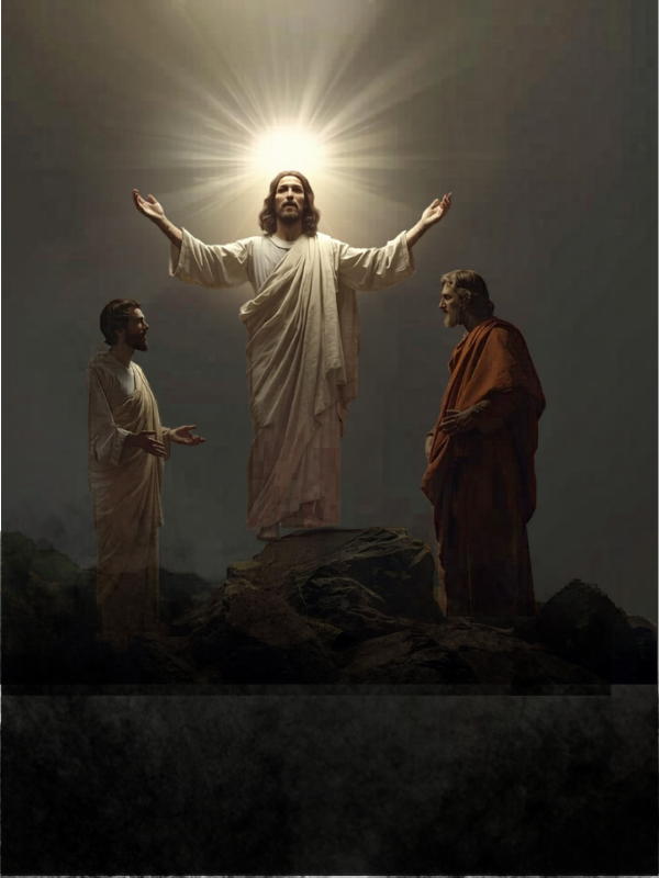 Jesus Christ in a brilliant white robt with a bright hallow. On his right is the Prophet Elijah and on his left is Moses