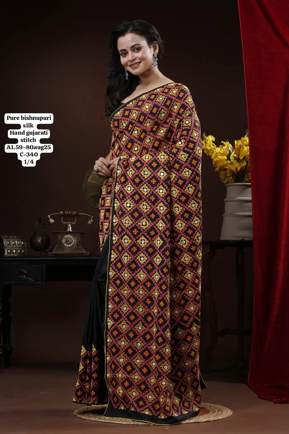 Handwoven Gujrati Stitch on Pure Bishnupuri Silk Saree