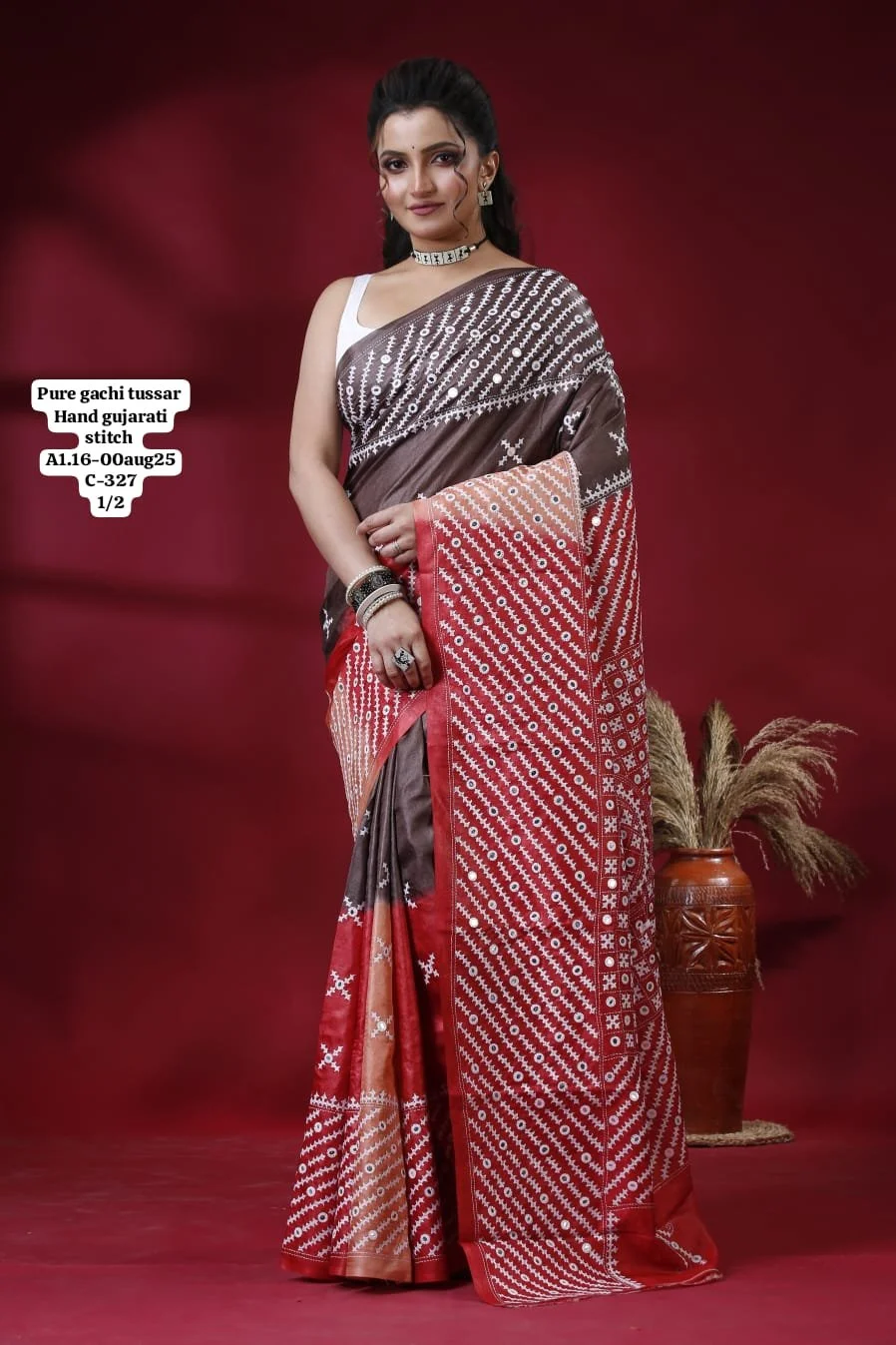 Handwoven Gujrati Stitch on Pure  Gachi Tussar Silk Saree