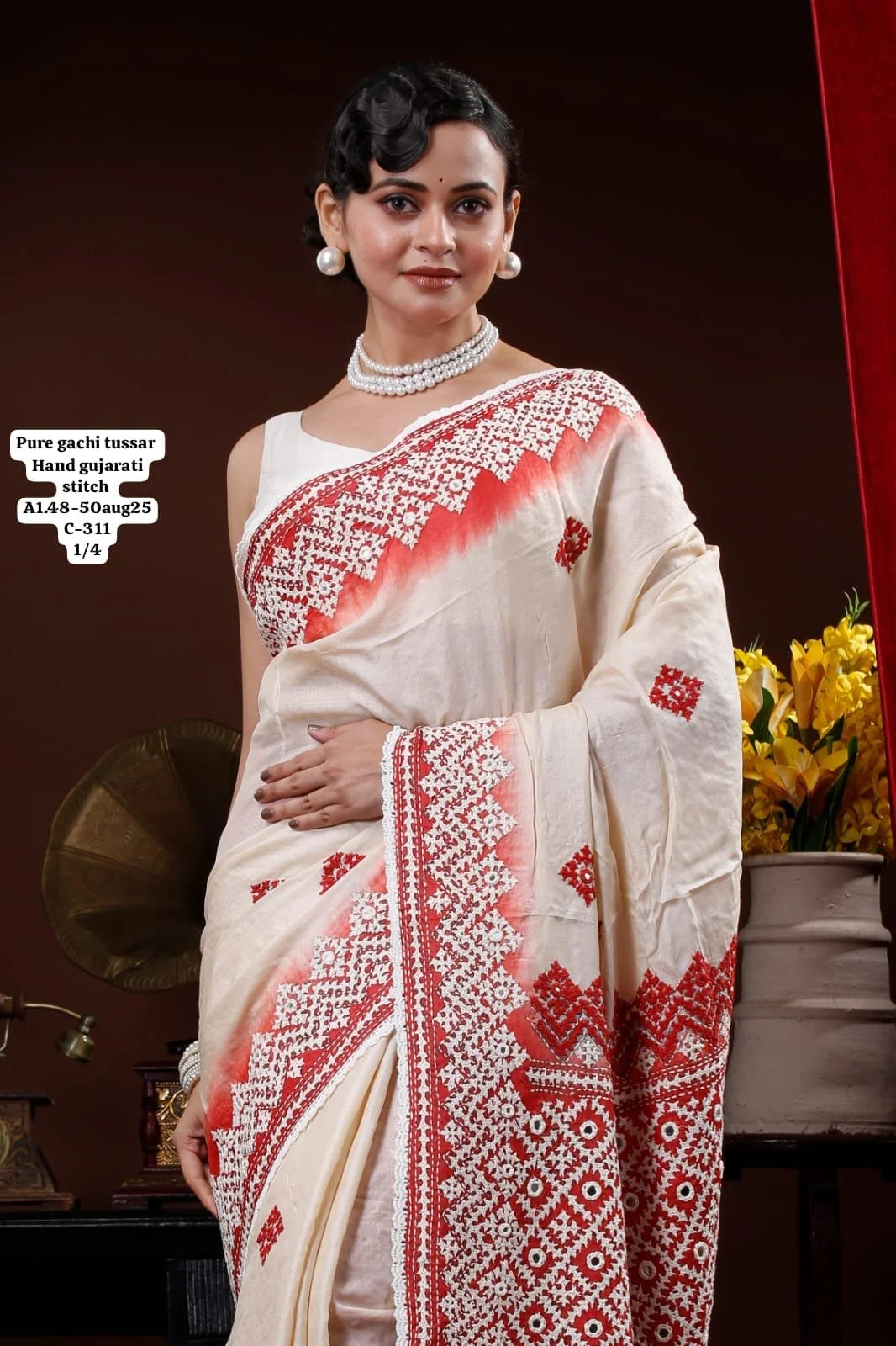 Handwoven Gujrati Stitch on Pure Gachi Tussar Silk Saree