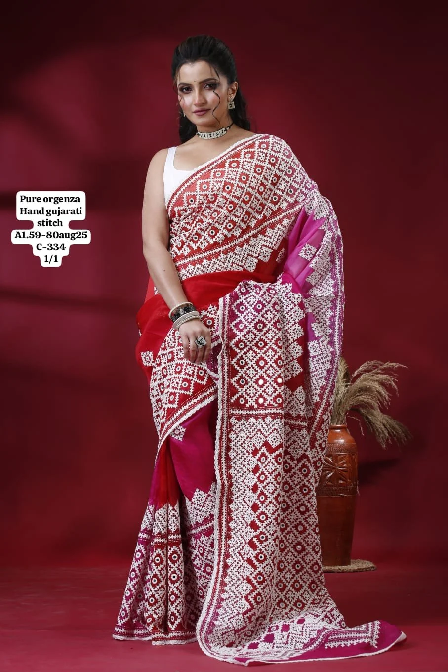 Handwoven Gujrati Stitch on Pure Organza Saree