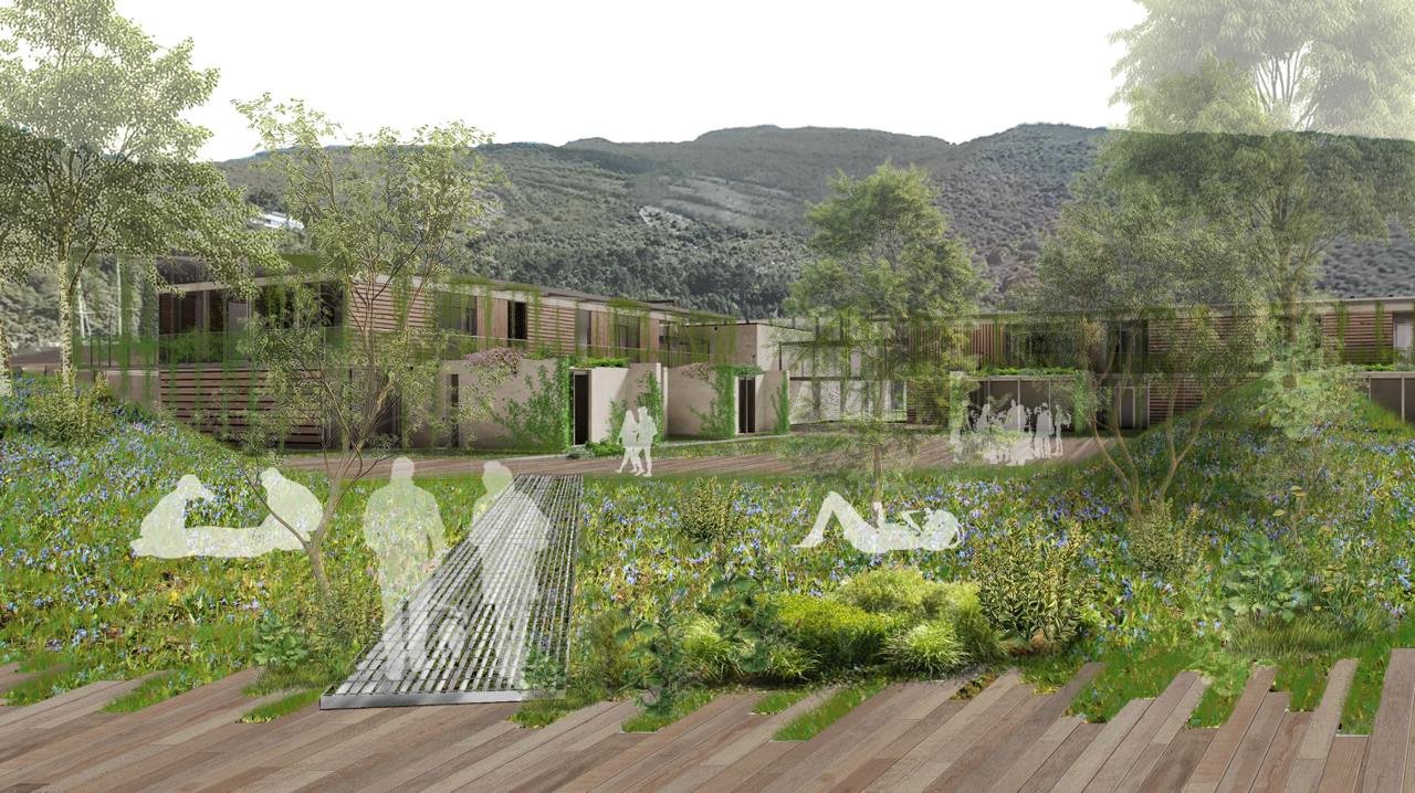 Progetto di architettura sostenibile con edifici moderni circondati da giardini e ambienti naturali, con persone che passeggiano e interagiscono all'aperto.