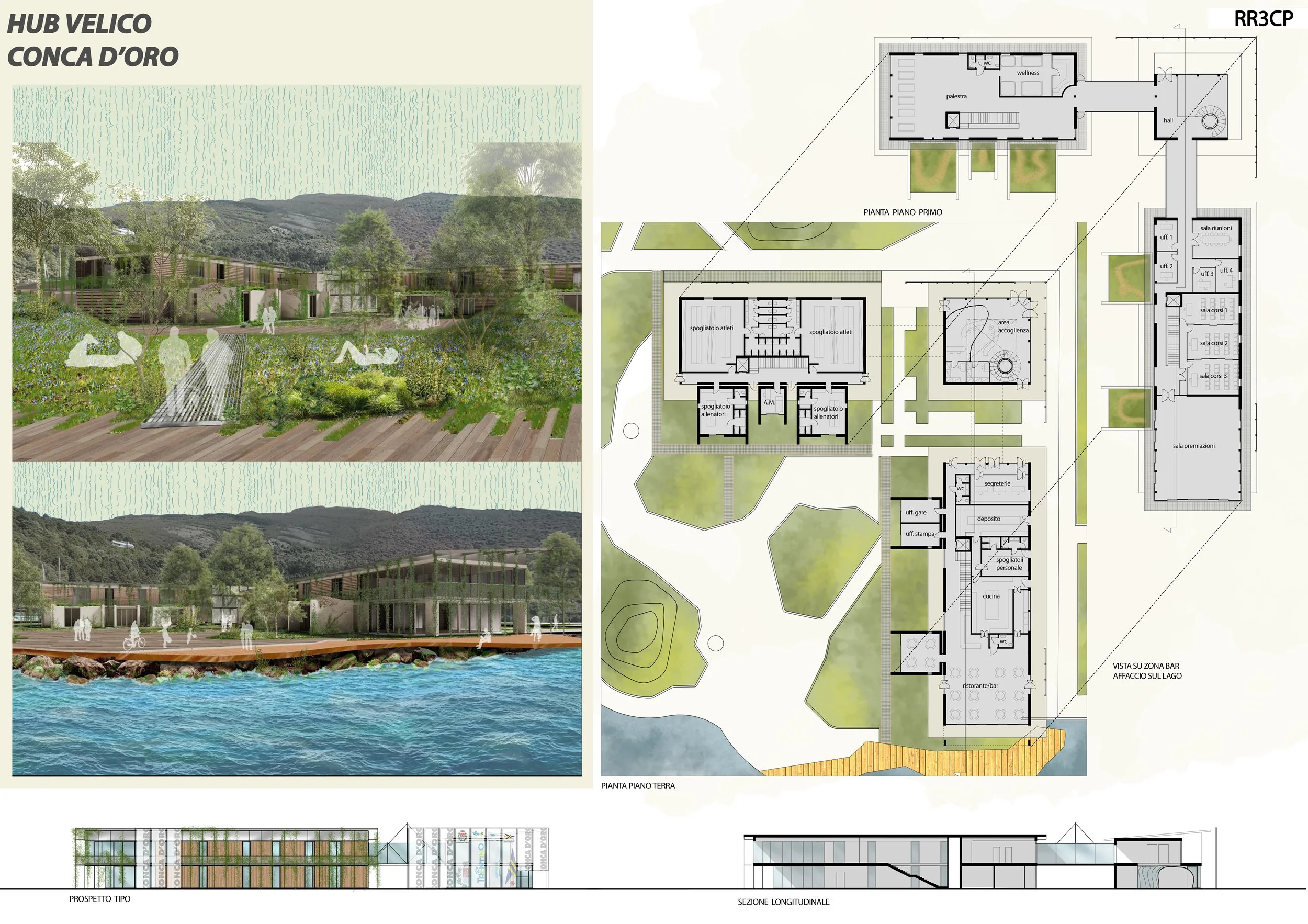 Piante e rendering di un progetto di edificio e paesaggio vicino a un lago, con dettagli di planimetrie, sezioni e scatole di piante per vari usi, tra cui spazi ricreativi, sportivi e arenili confrontati con un ambiente naturale.