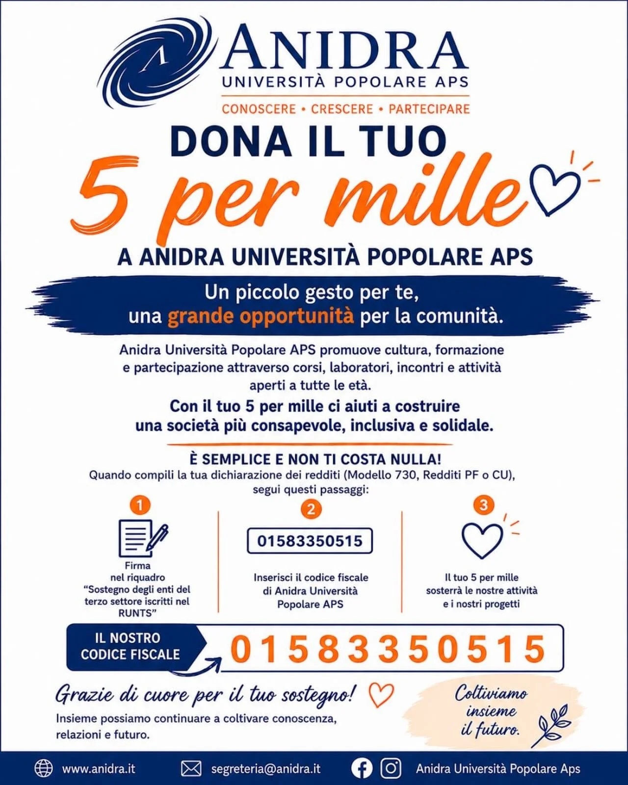 💙 Un gesto semplice.
Ma capace di sostenere cultura, formazione, relazioni e partecipazione.

Con il tuo 5x1000 puoi aiutare Anidra Universit&agrave; Popolare APS a continuare a creare attivit&agrave; aperte alla comunit&agrave;, percorsi di crescit
