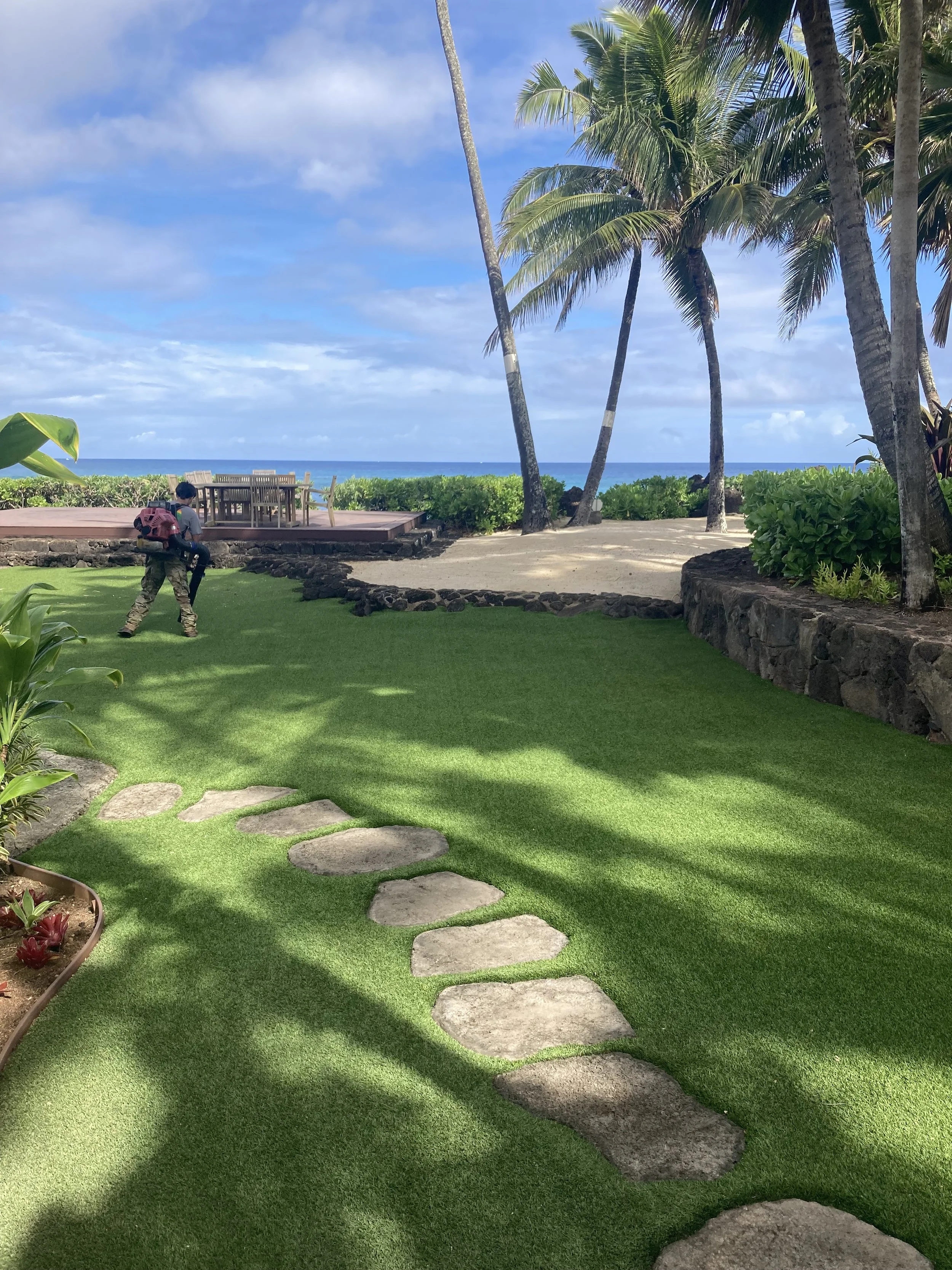 Lush landscaped area with lush green grass, stepping stones, tall palm trees, and a sandy beach with ocean view in the background.
