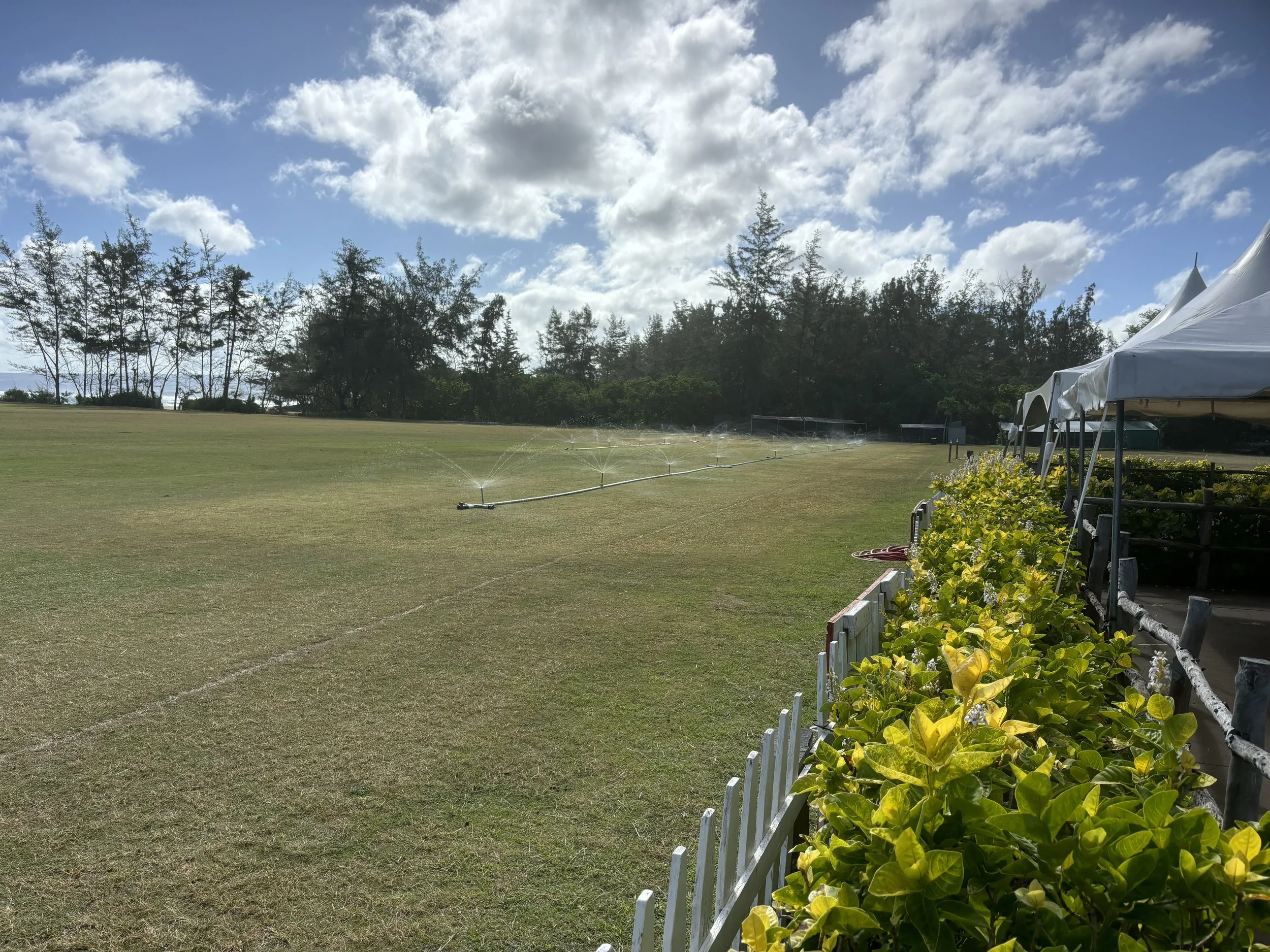 A large grassy field being watered by multiple sprinklers. To the right, there are white tents and green bushes separated by a white fence. In the background, there are trees and a partly cloudy sky.