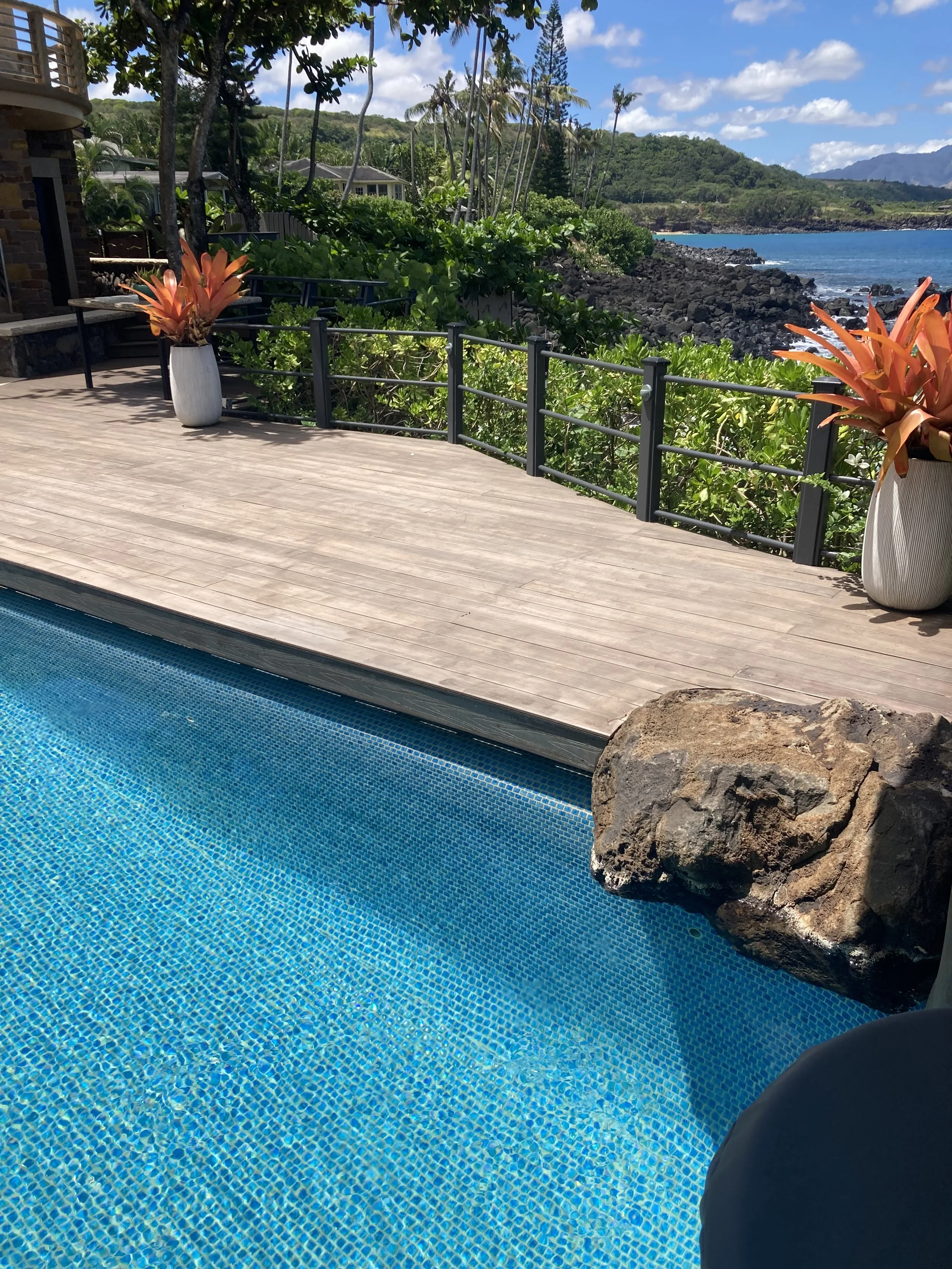 View of a swimming pool with a rock edge, a wooden deck, tropical plants in large pots, and a scenic coastline with blue water and mountains in the distance under a partly cloudy sky.